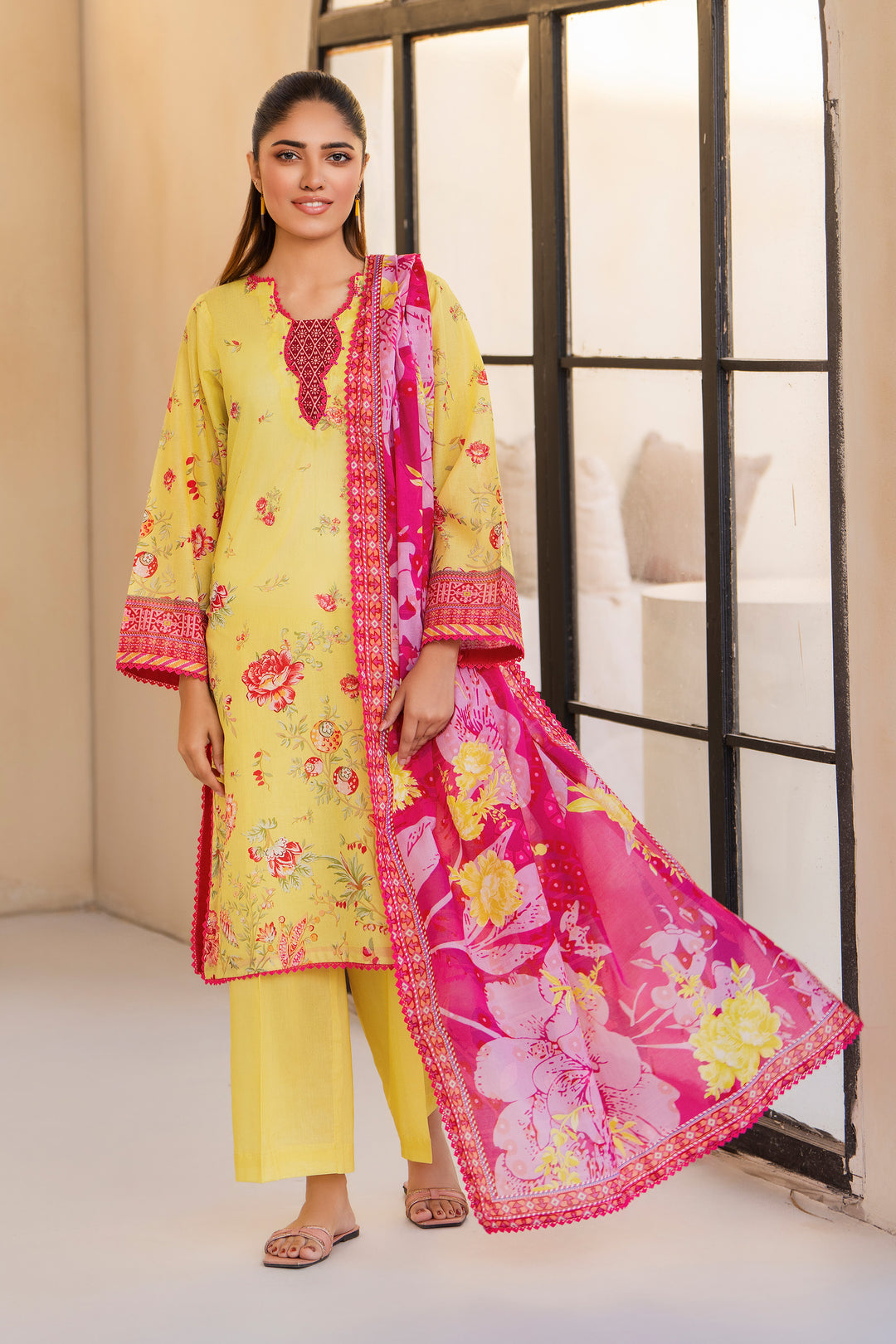 Neon Yellow 3 Piece Unstitched Premium Lawn - SU25V2-S7 - JACQUARD CLOTHING