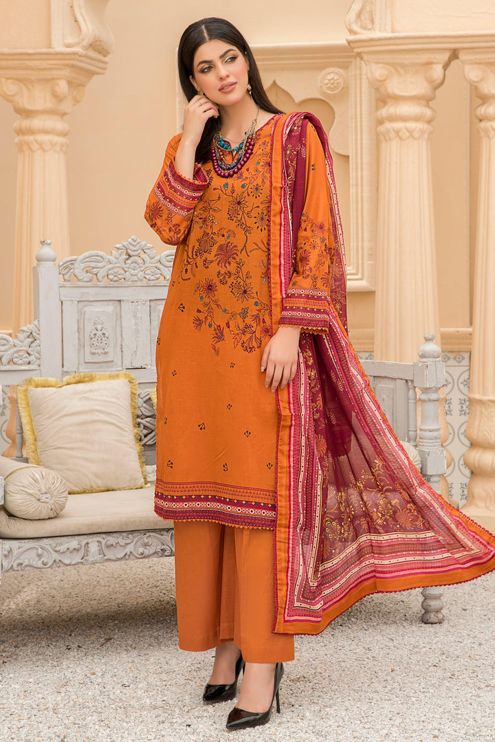 3 Piece Unstitched Orange Lawn - Jacquard Clothing