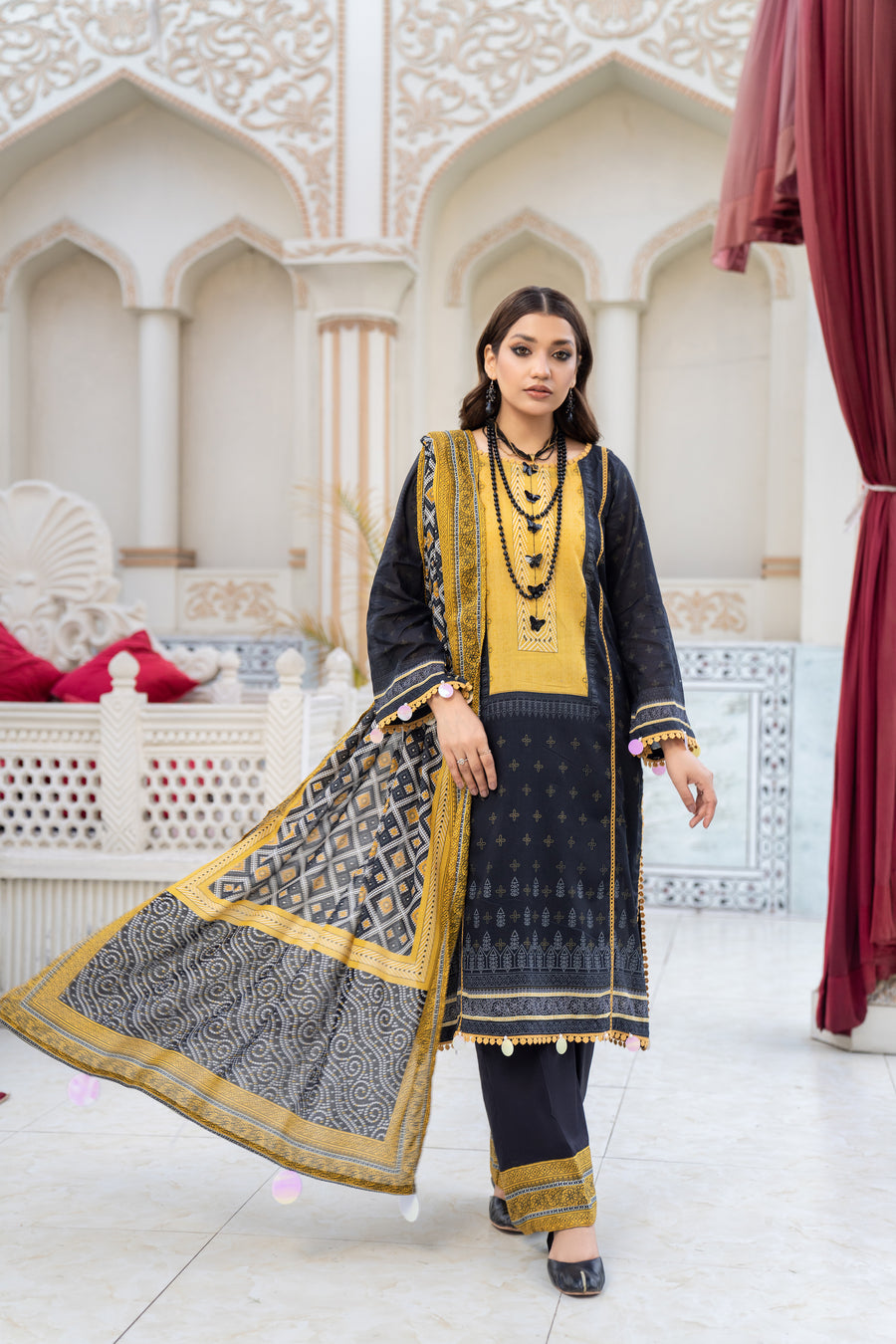Jacquard Cotton 2pc Unstitched Dress Material Kurta Set with Earrings 09
