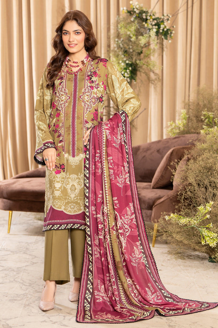 Olive Green 3 Piece Unstitched Linen - Jacquard Clothing