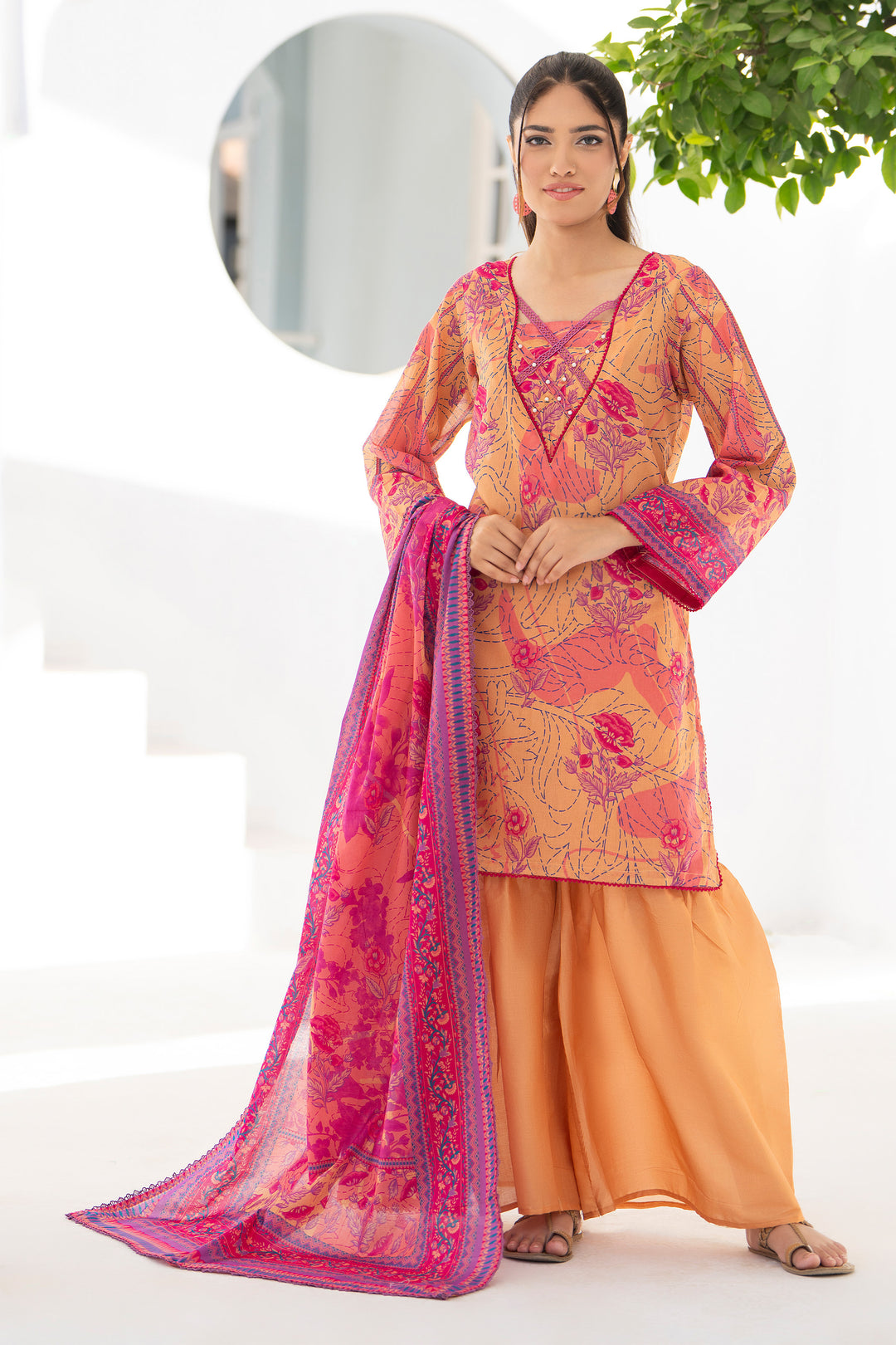 Orange 3 Piece Unstitched Premium Lawn - SU25V3-S10 - JACQUARD CLOTHING