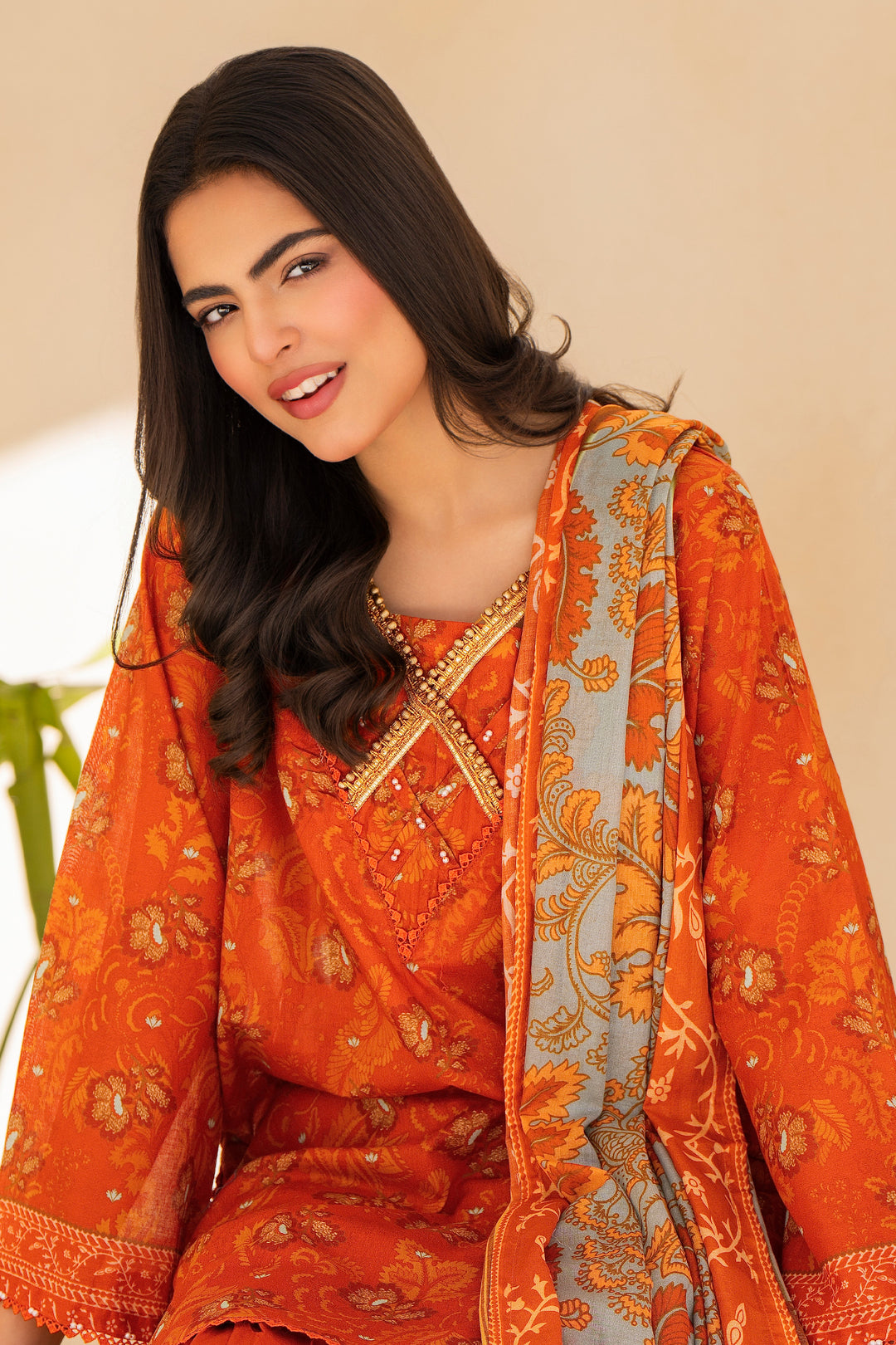 Orange 3 Piece Unstitched Premium Lawn - SU25V5-S4 - JACQUARD CLOTHING