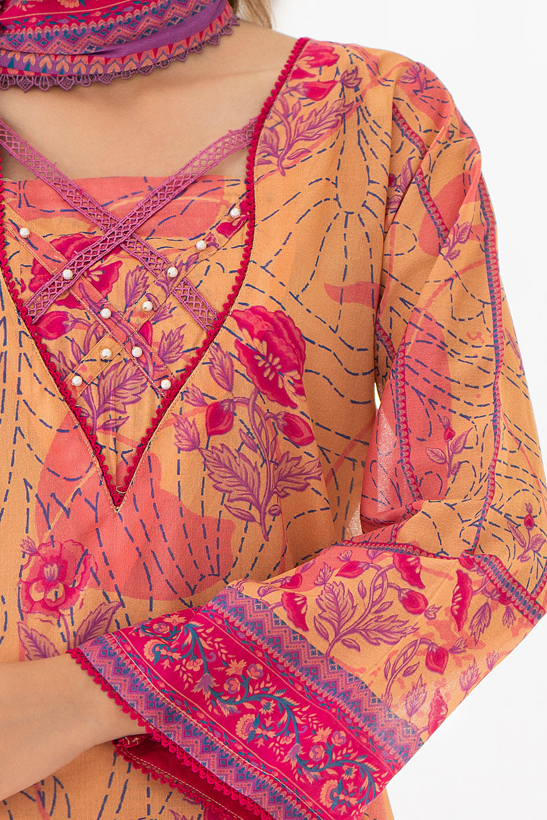 Orange 3 Piece Unstitched Premium Lawn - SU25V3-S10 - JACQUARD CLOTHING