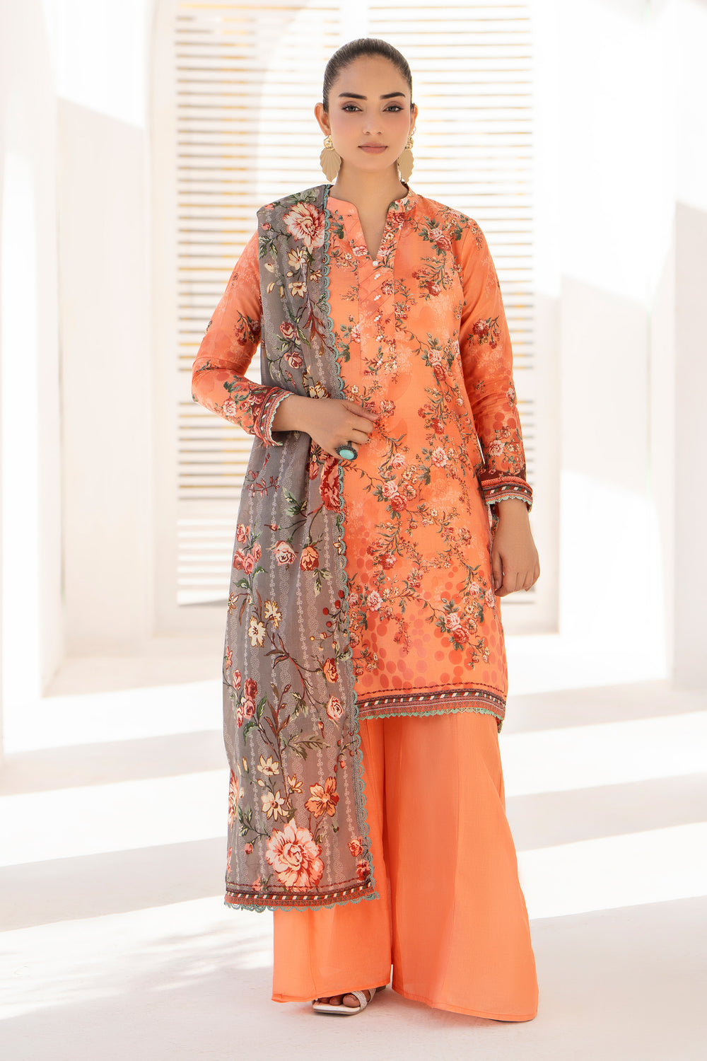 Orange 3 Piece Unstitched Premium Lawn - SU25V7-S9 - JACQUARD CLOTHING