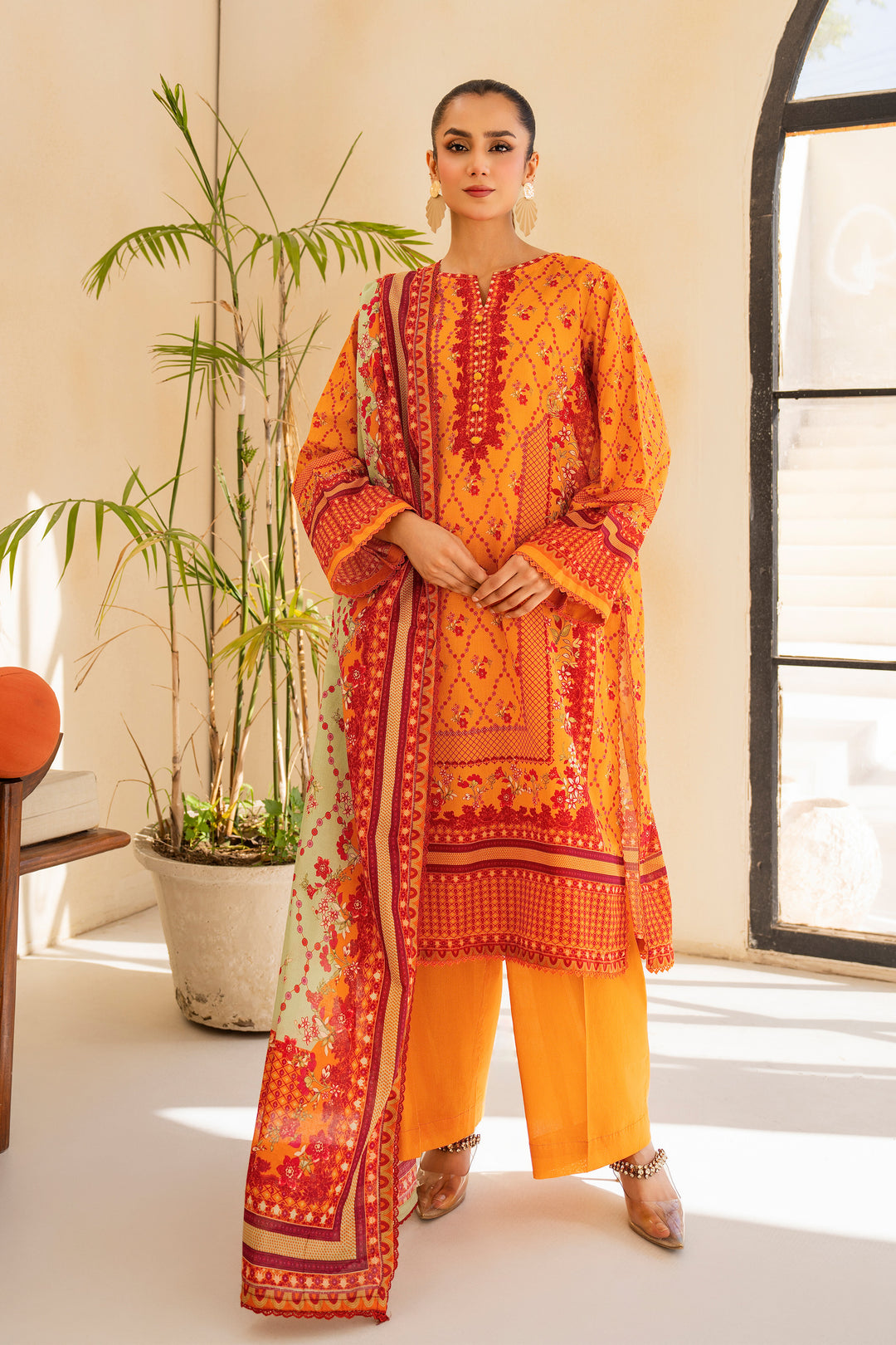 Orange 3 Piece Unstitched Premium Lawn - SU25V4-S8 - JACQUARD CLOTHING