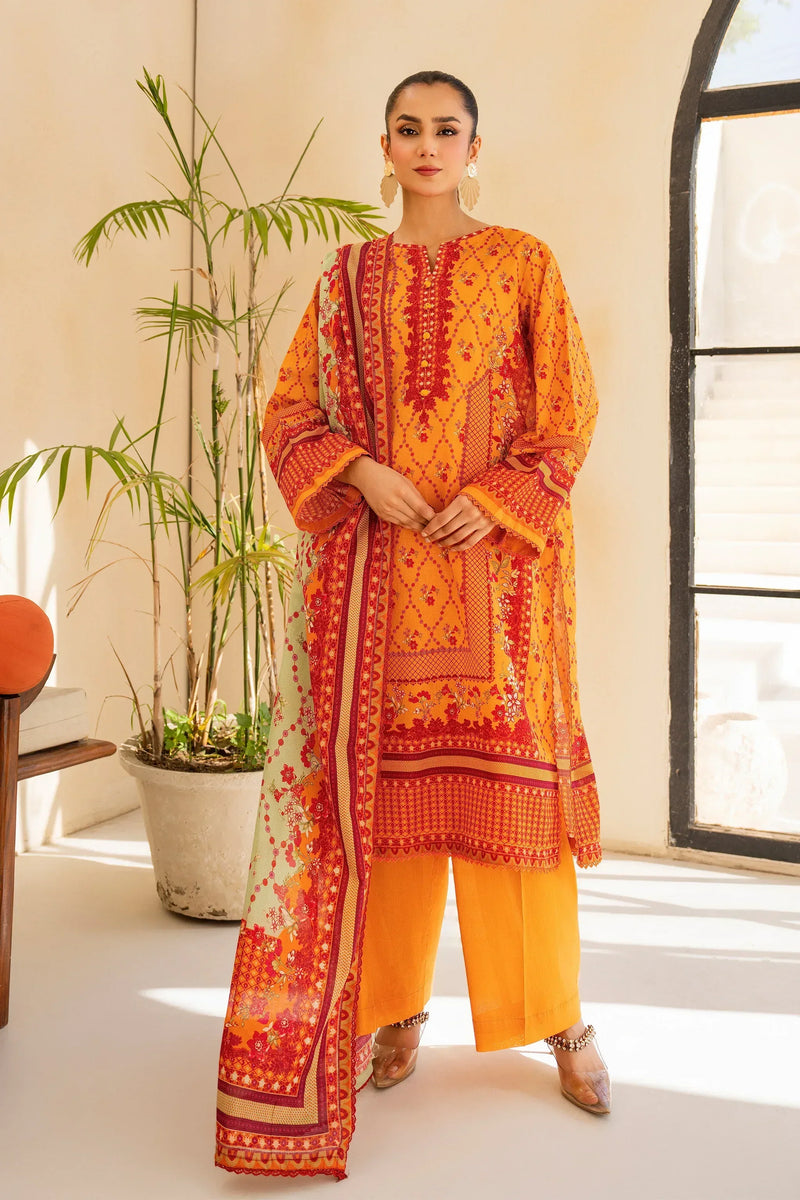 3 Piece Unstitched Orange Premium Lawn - Jacquard Clothing