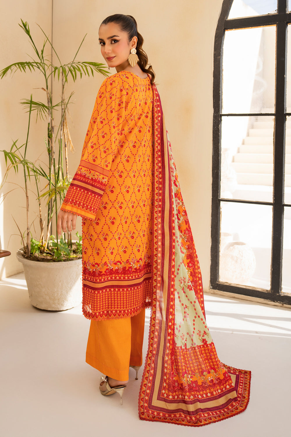 Orange 3 Piece Unstitched Premium Lawn - SU25V4-S8 - JACQUARD CLOTHING