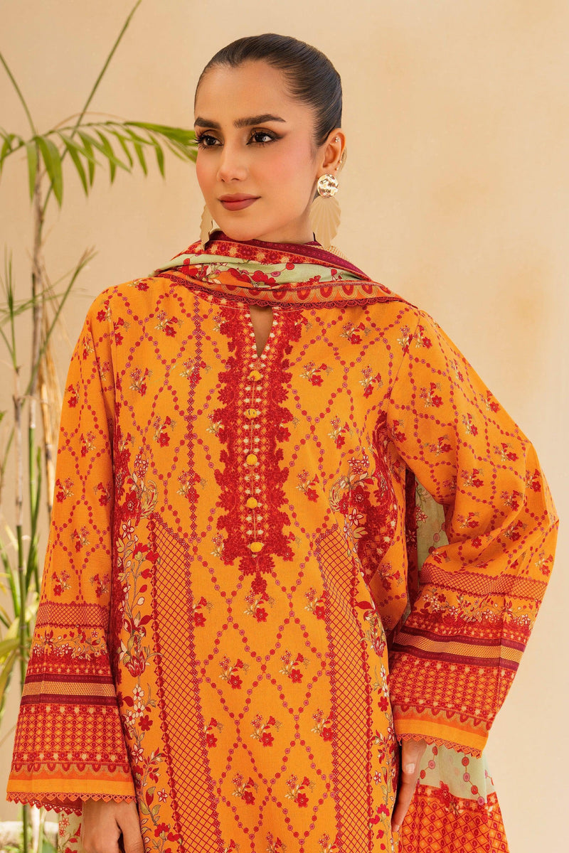 3 Piece Unstitched Orange Premium Lawn - Jacquard Clothing