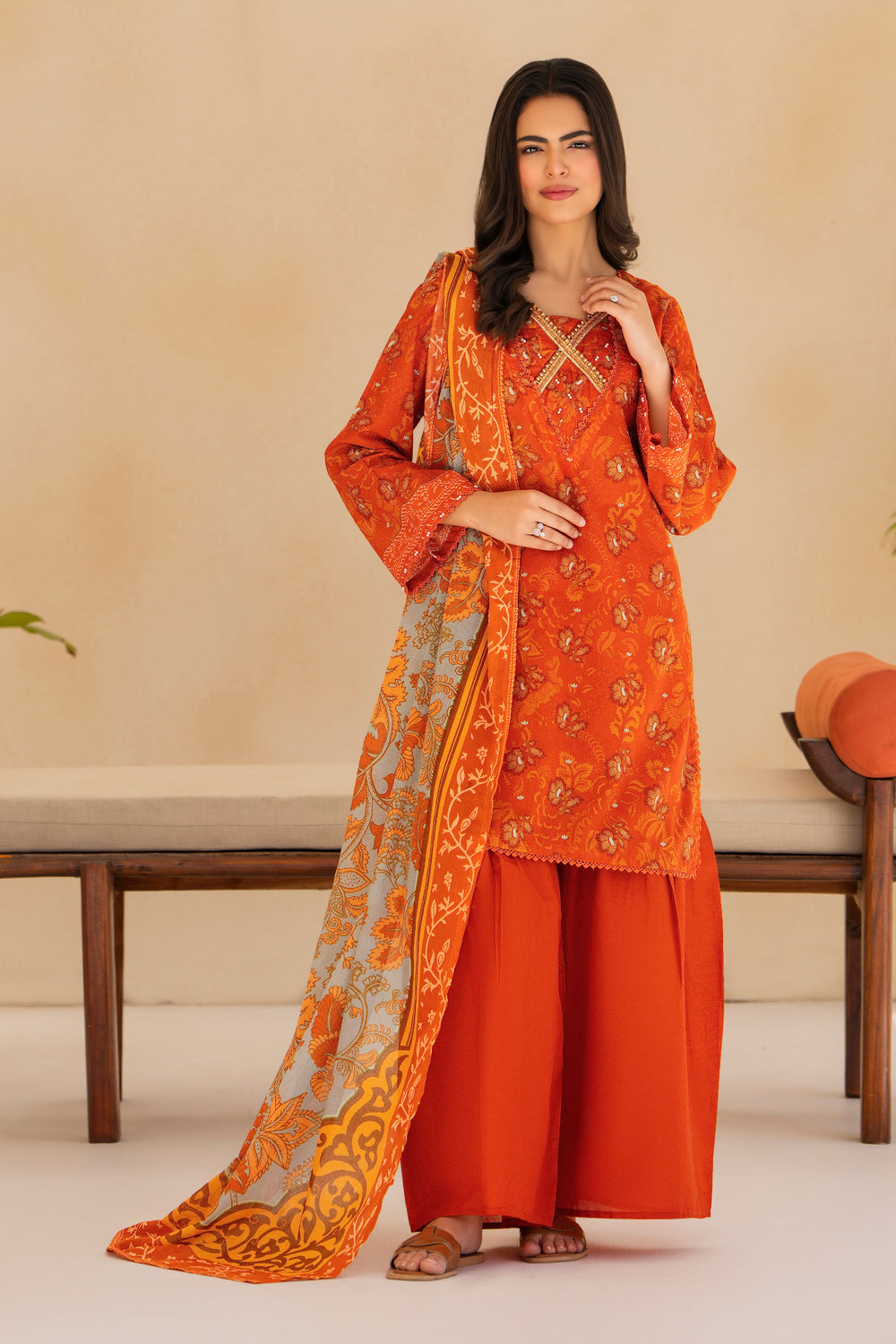 Orange 3 Piece Unstitched Premium Lawn - SU25V5-S4 - JACQUARD CLOTHING