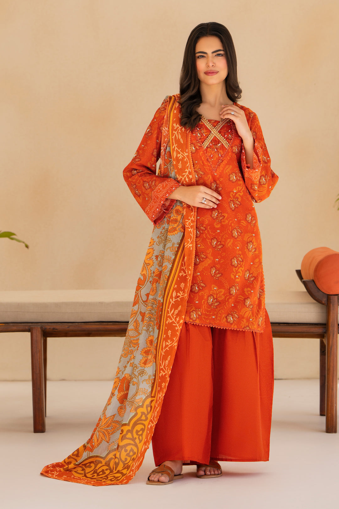 Orange 3 Piece Unstitched Premium Lawn - SU25V5-S4 - JACQUARD CLOTHING
