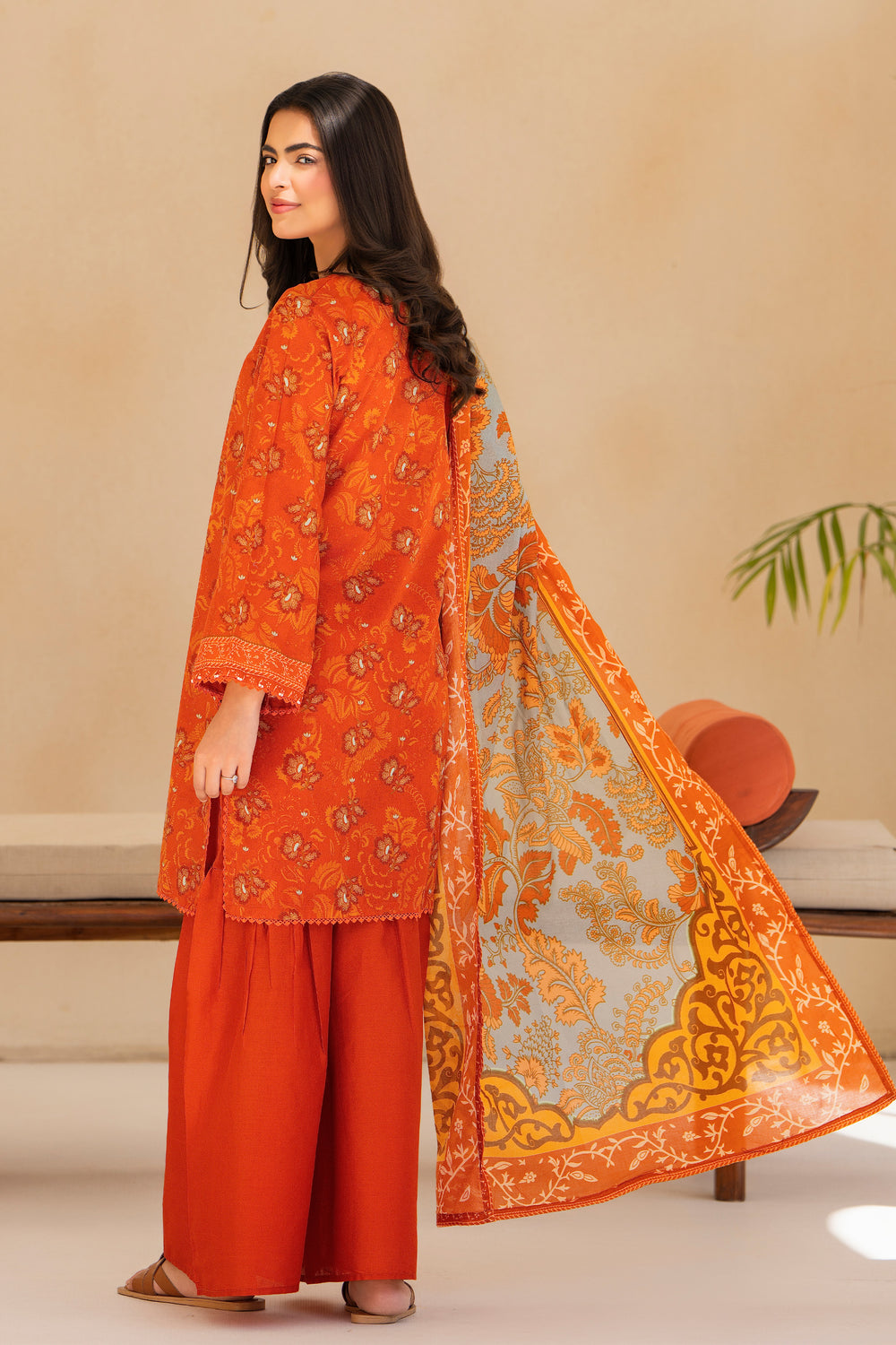Orange 3 Piece Unstitched Premium Lawn - SU25V5-S4 - JACQUARD CLOTHING