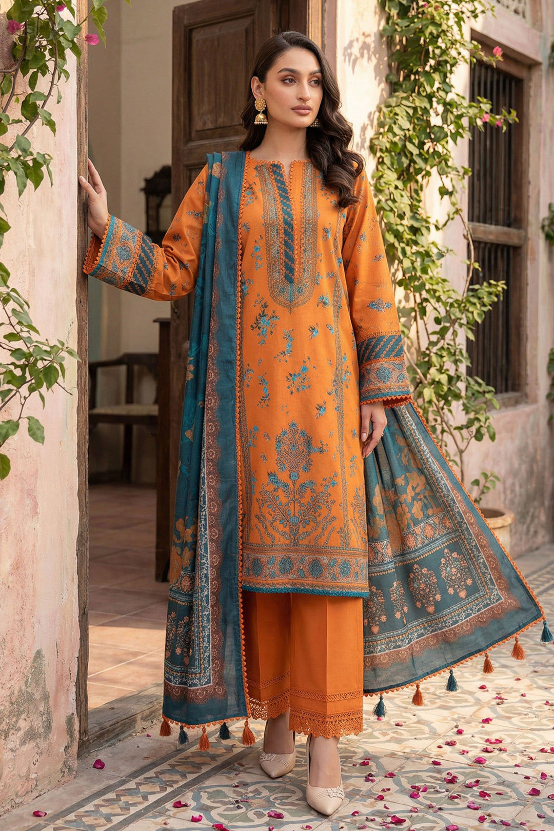 Orange 3 Piece Unstitched Premium Printed Lawn Suit - Jacquard Wirsa By Zainab Collection Summer 2026