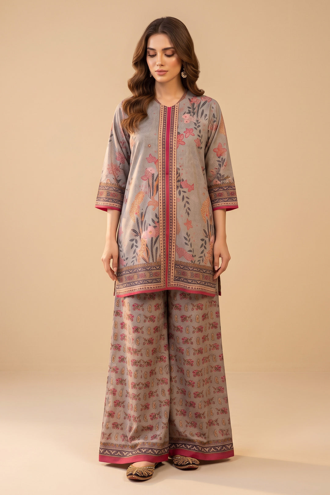 Pale Silver 2 Piece Unstitched Printed Cambric Co-Ord Set