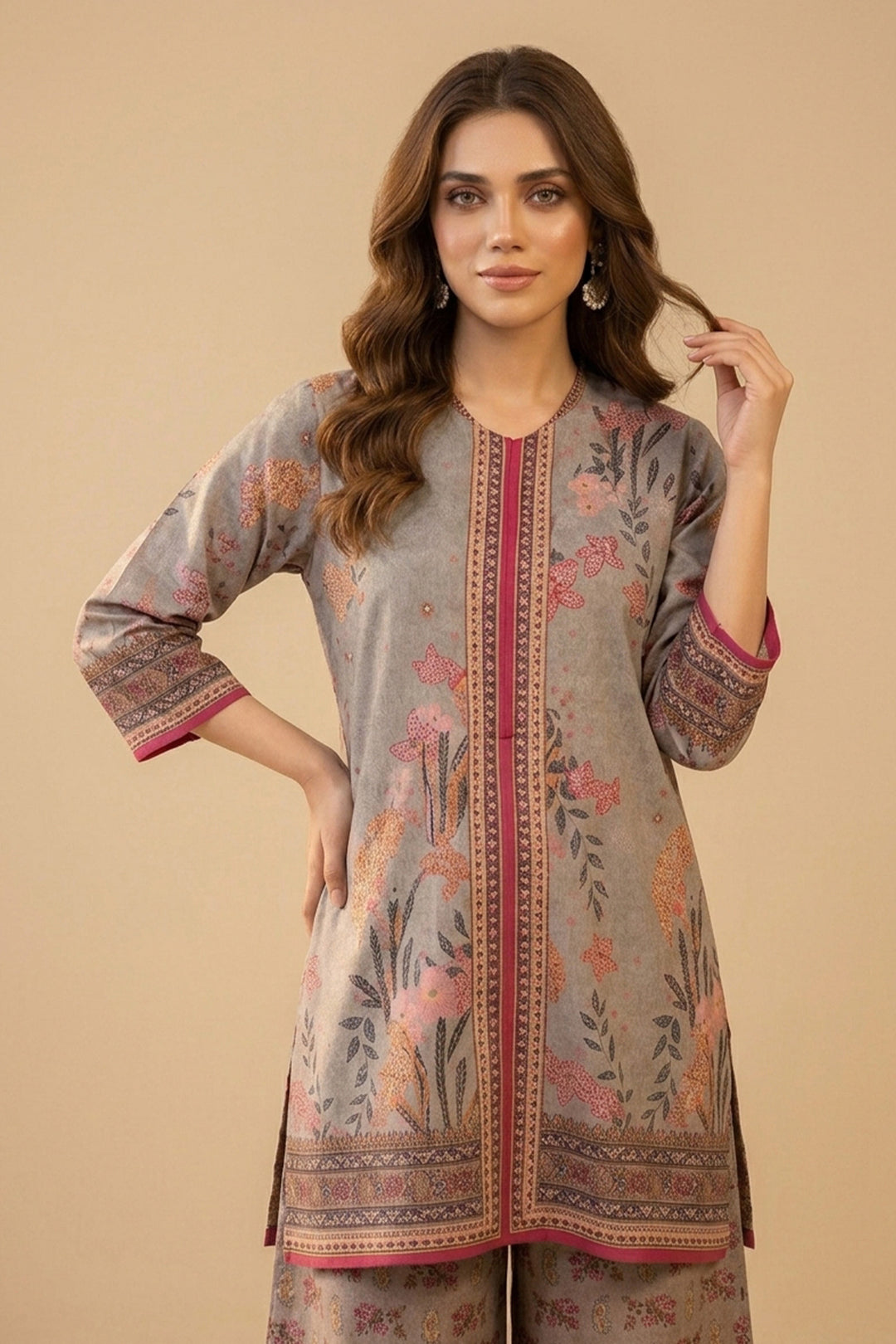 Pale Silver 2 Piece Unstitched Printed Cambric Co-Ord Set