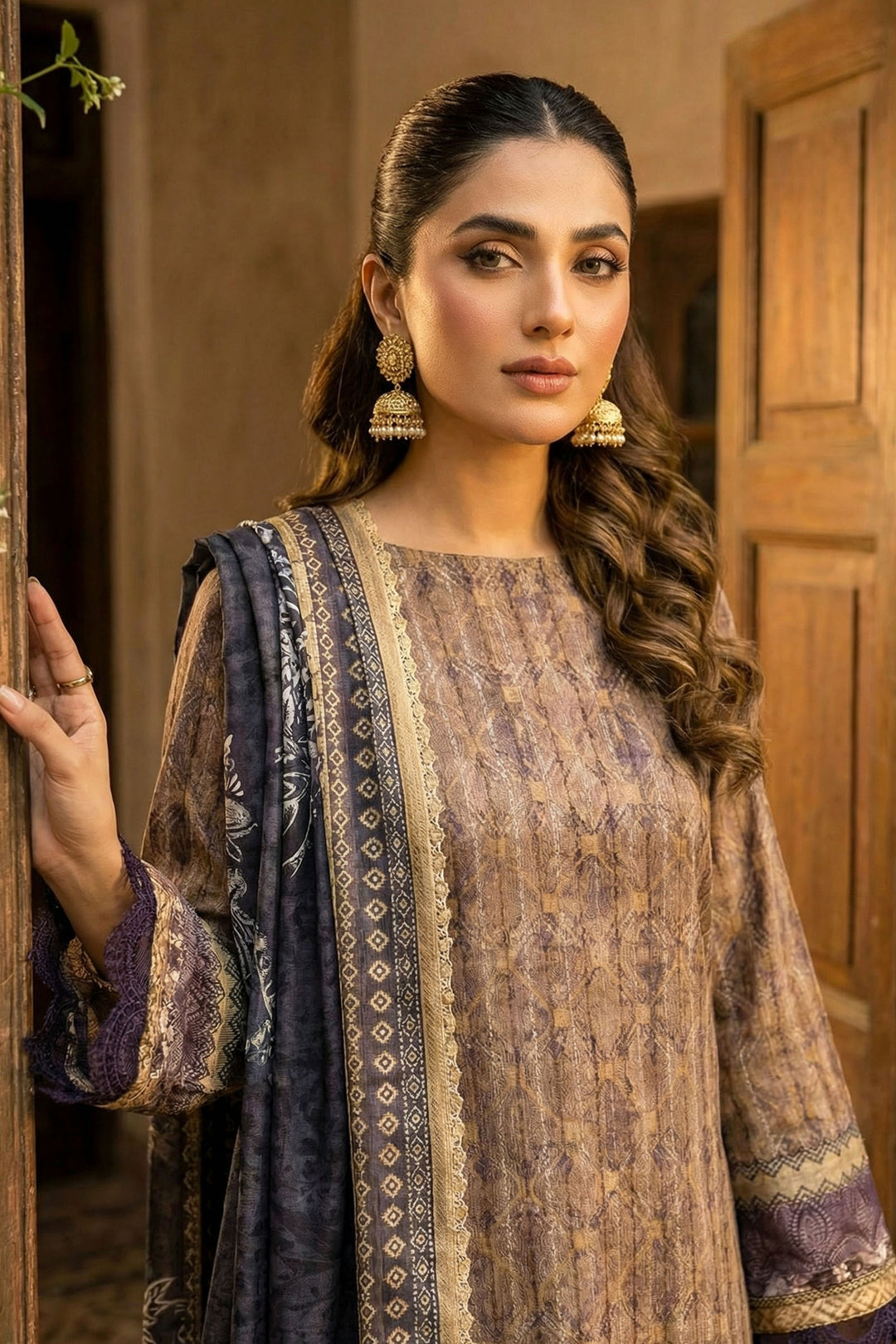 Pale Brown 3 Piece Unstitched Premium Printed Lawn Suit - Jacquard Wirsa By Zainab Collection Summer 2026