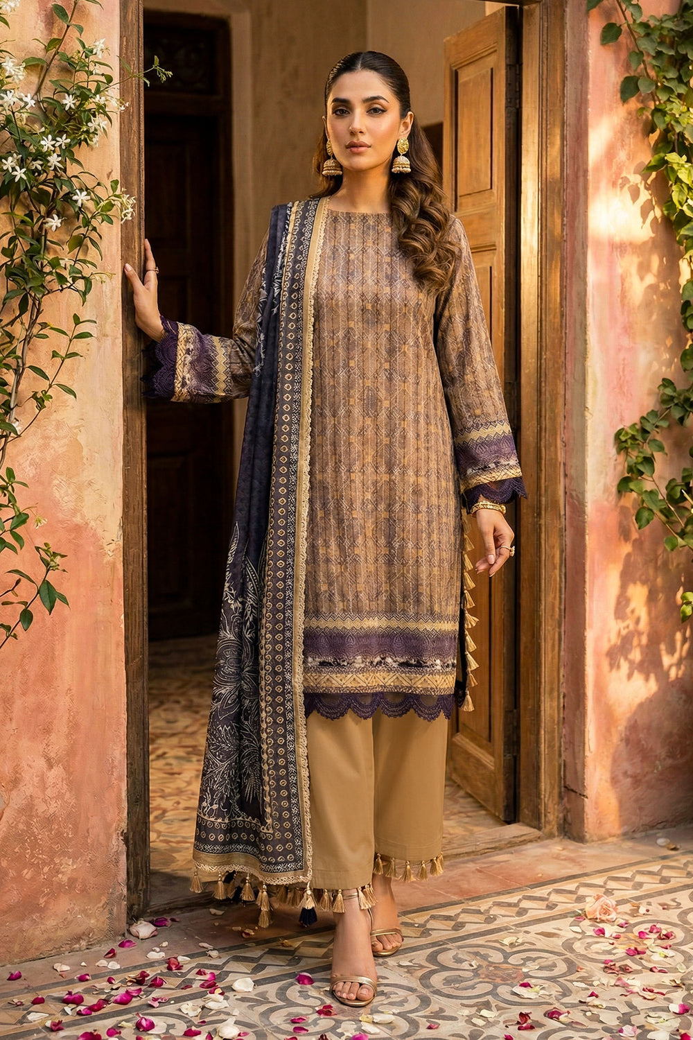 Pale Brown 3 Piece Unstitched Premium Printed Lawn Suit - Jacquard Wirsa By Zainab Collection Summer 2026