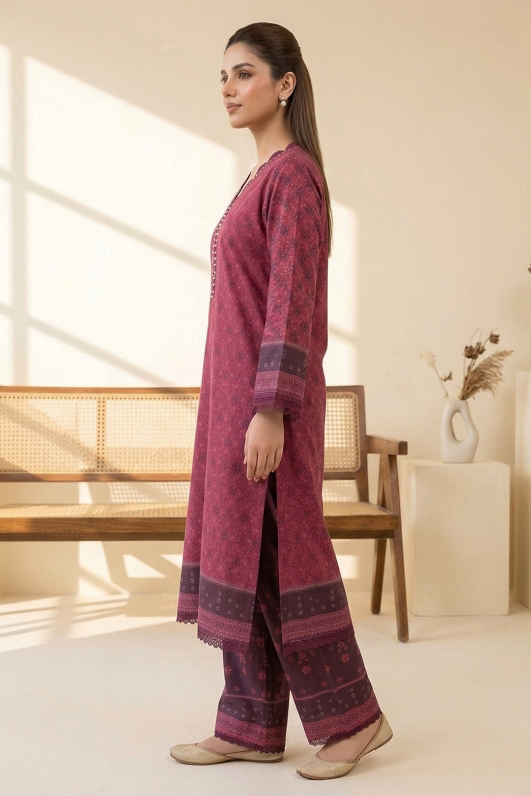 Pale Carmine 2 Piece Unstitched Printed Cambric Co-Ord Set