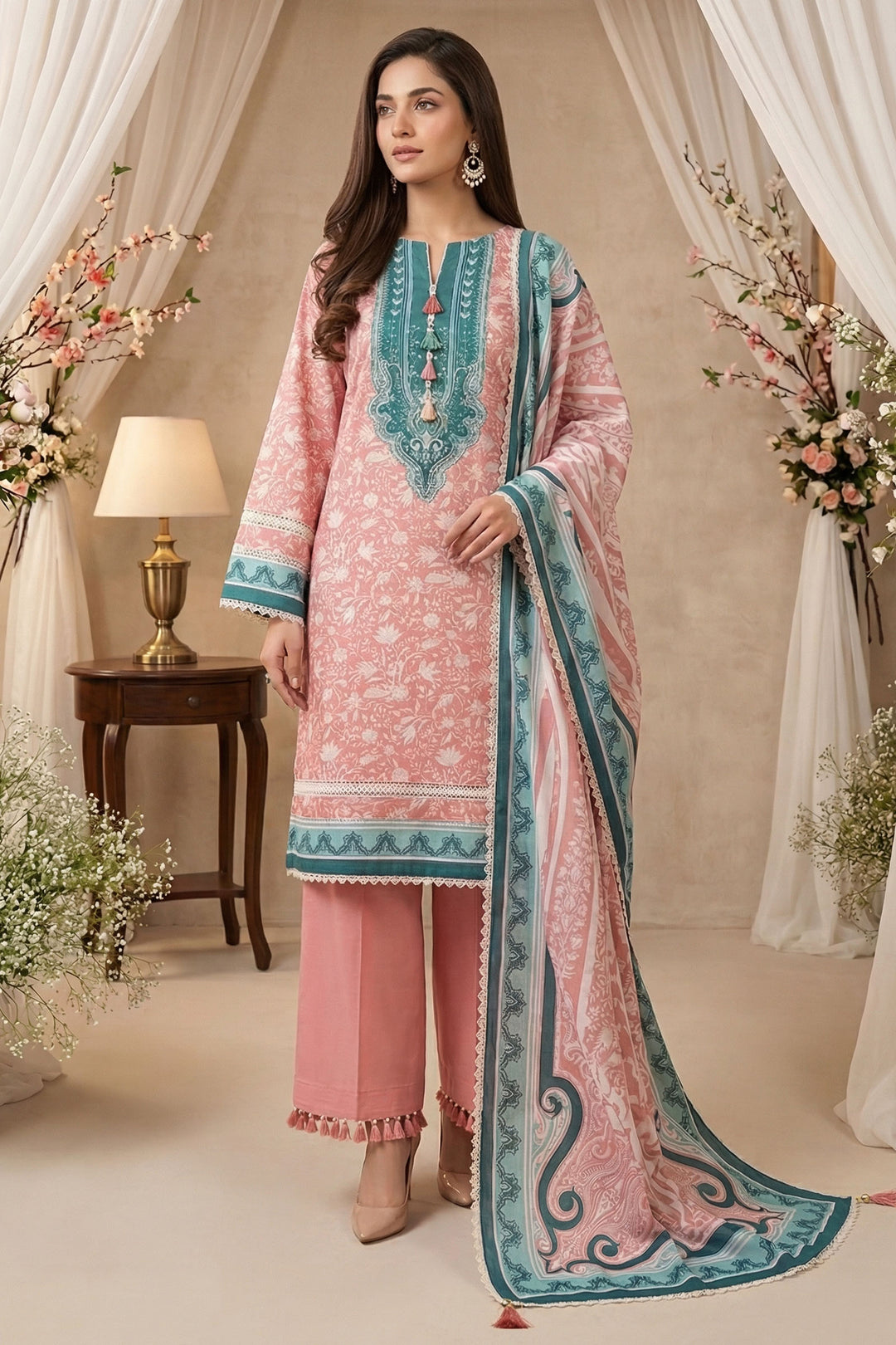 Pale Chestnut 3 Piece Unstitched Premium Printed Lawn Suit By Jacquard Clothing Summer 2026 Hania Manahil Collection