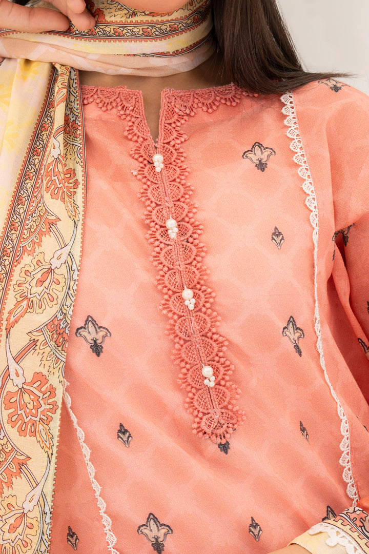 Peach 3 Piece Unstitched Premium Lawn - SU25V5-S2 - JACQUARD CLOTHING