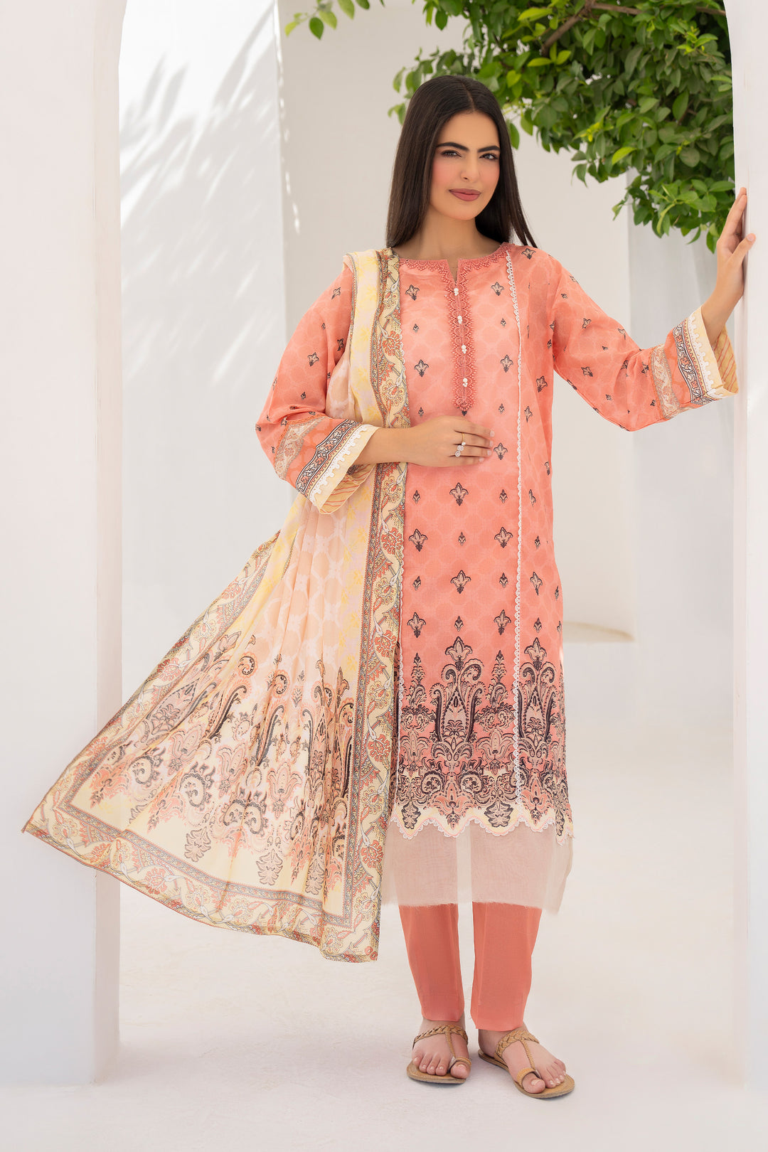 Peach 3 Piece Unstitched Premium Lawn - SU25V5-S2 - JACQUARD CLOTHING
