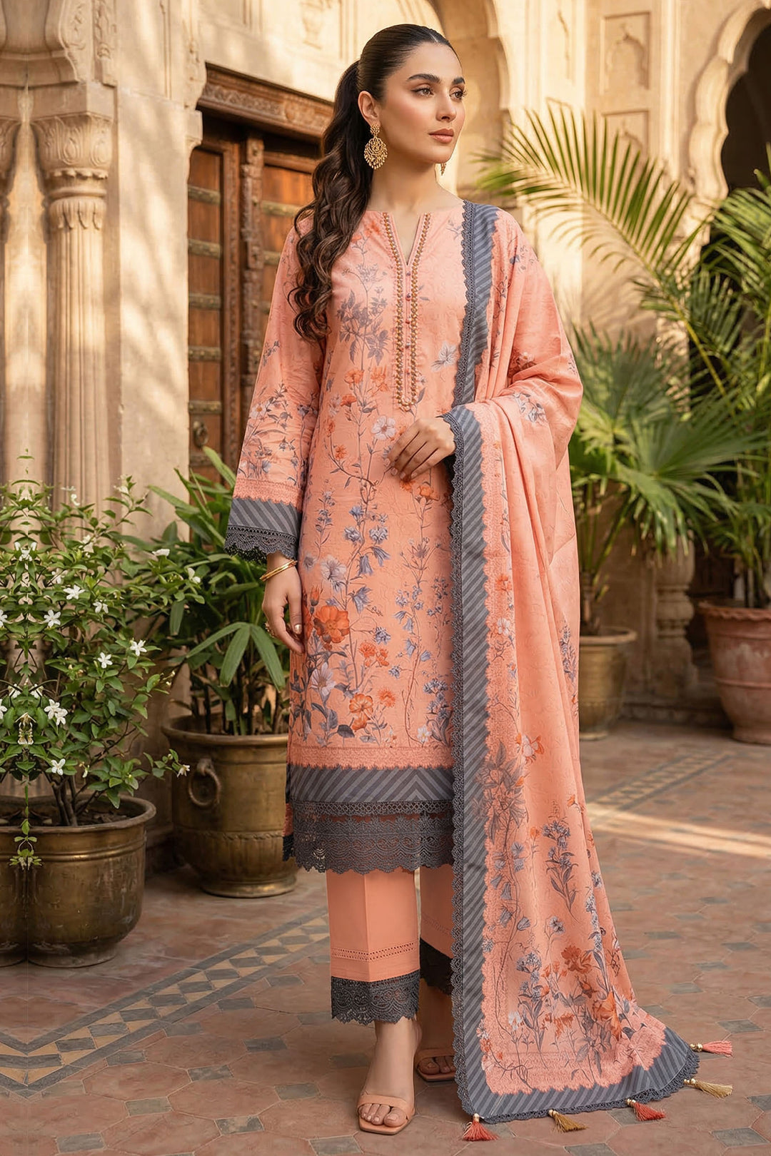 Peach 3 Piece Unstitched Premium Printed Lawn