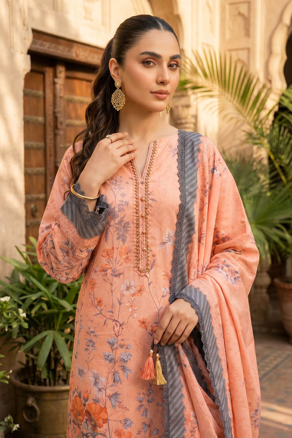 Peach 3 Piece Unstitched Premium Printed Lawn