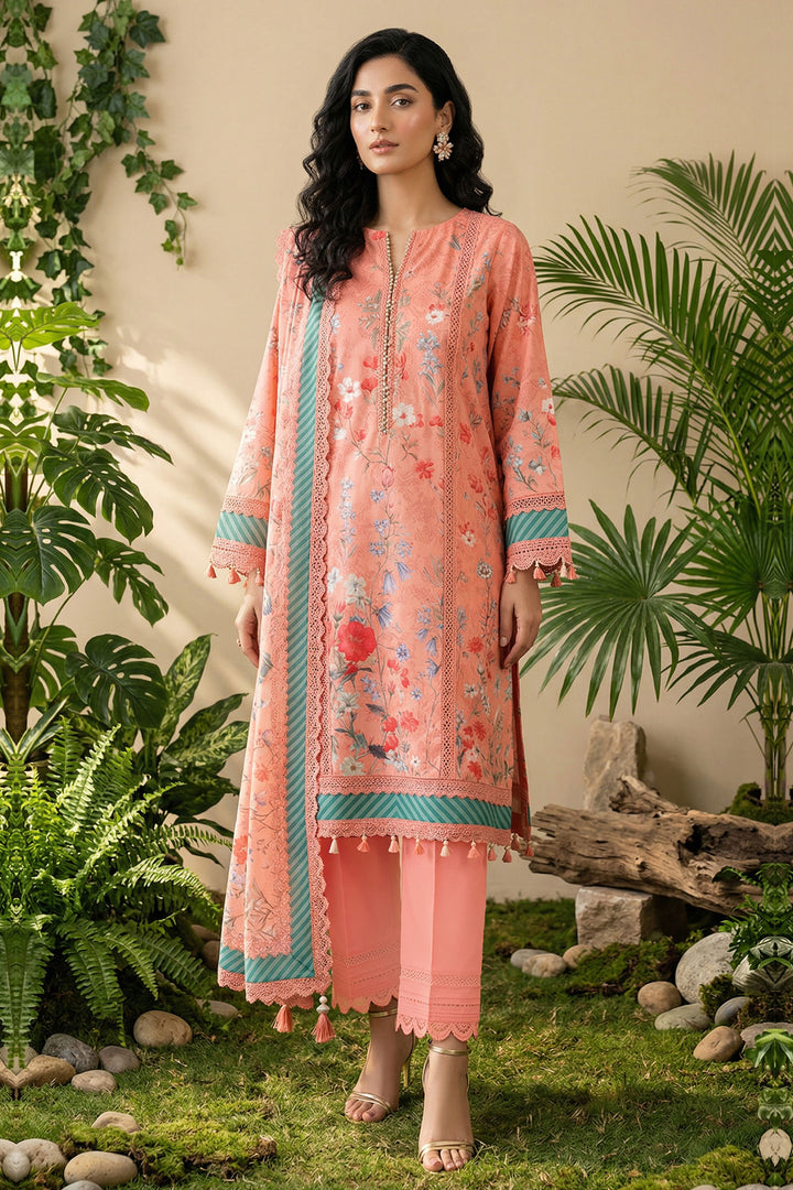 Peach 3 Piece Unstitched Premium Printed Lawn Suit By Jacquard Clothing Summer 2026 Hania Manahil Collection