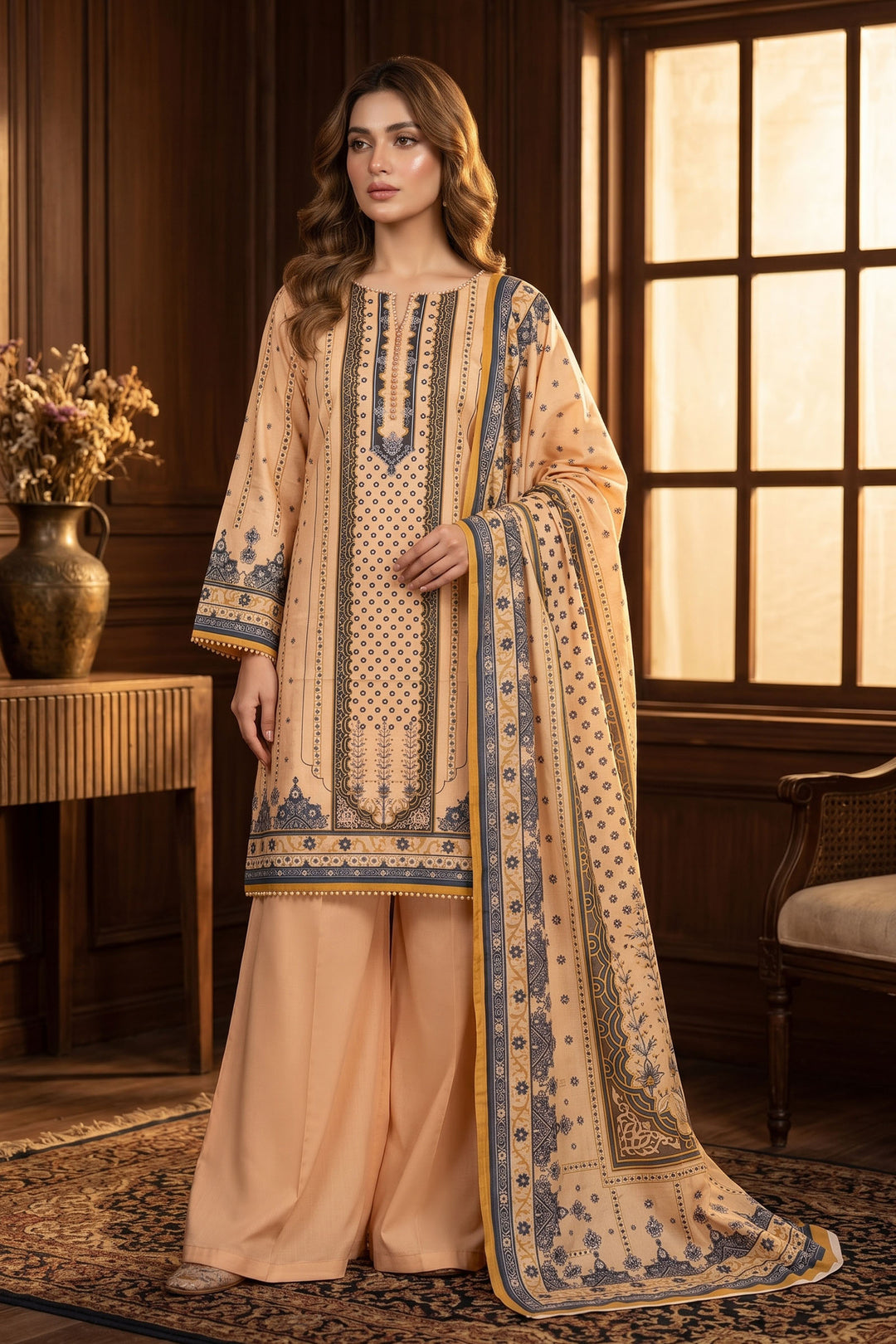 Peach 3 Piece Unstitched Premium Printed Lawn Suit By Jacquard Clothing Summer Collection 2026