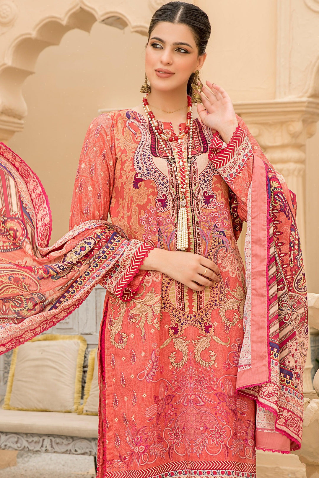 Peach Unstitched 3 Piece Lawn - Jacquard Clothing