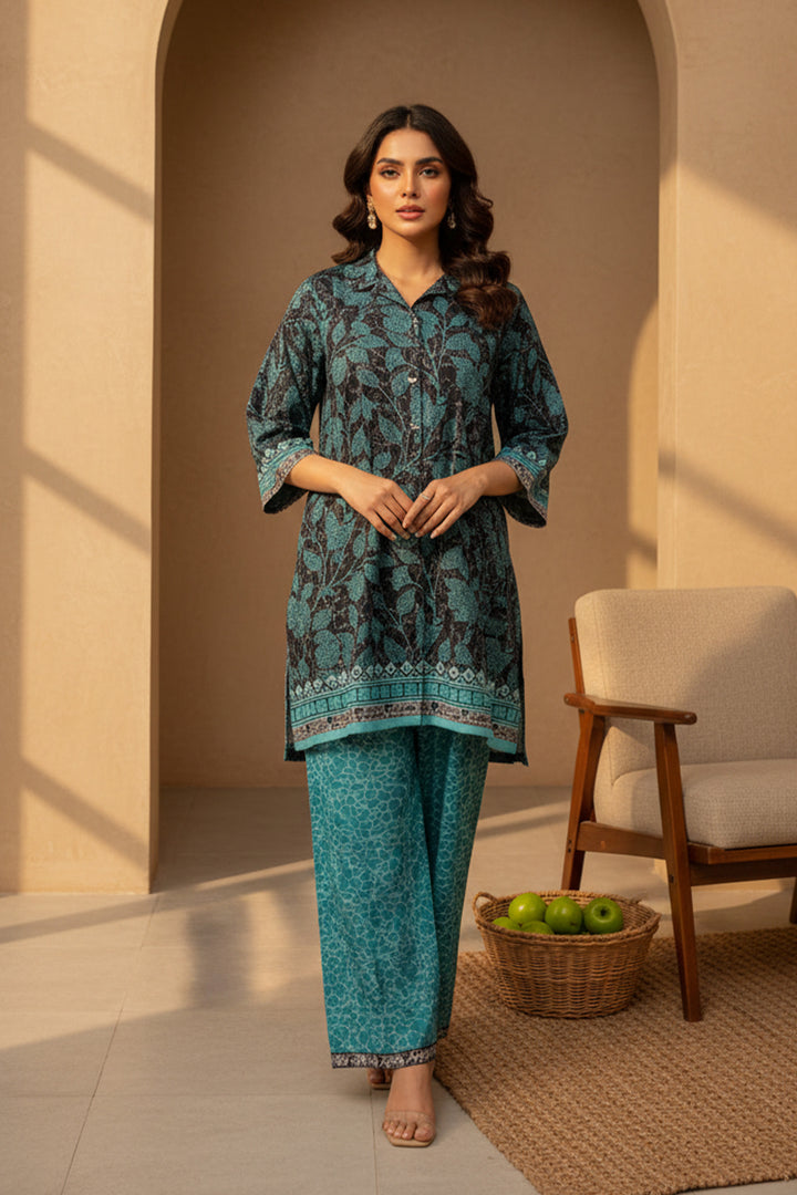Pine Green 2 Pc Unstitched Printed Cambric Co-Ord Set
