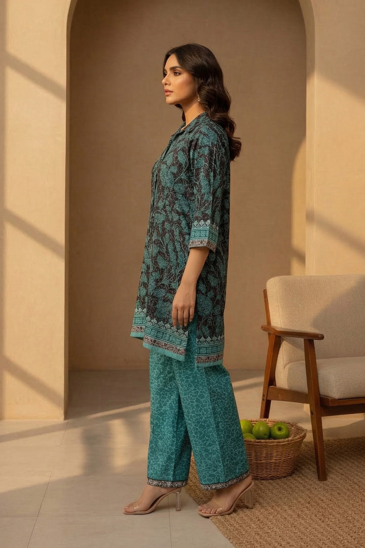 Pine Green 2 Pc Unstitched Printed Cambric Co-Ord Set