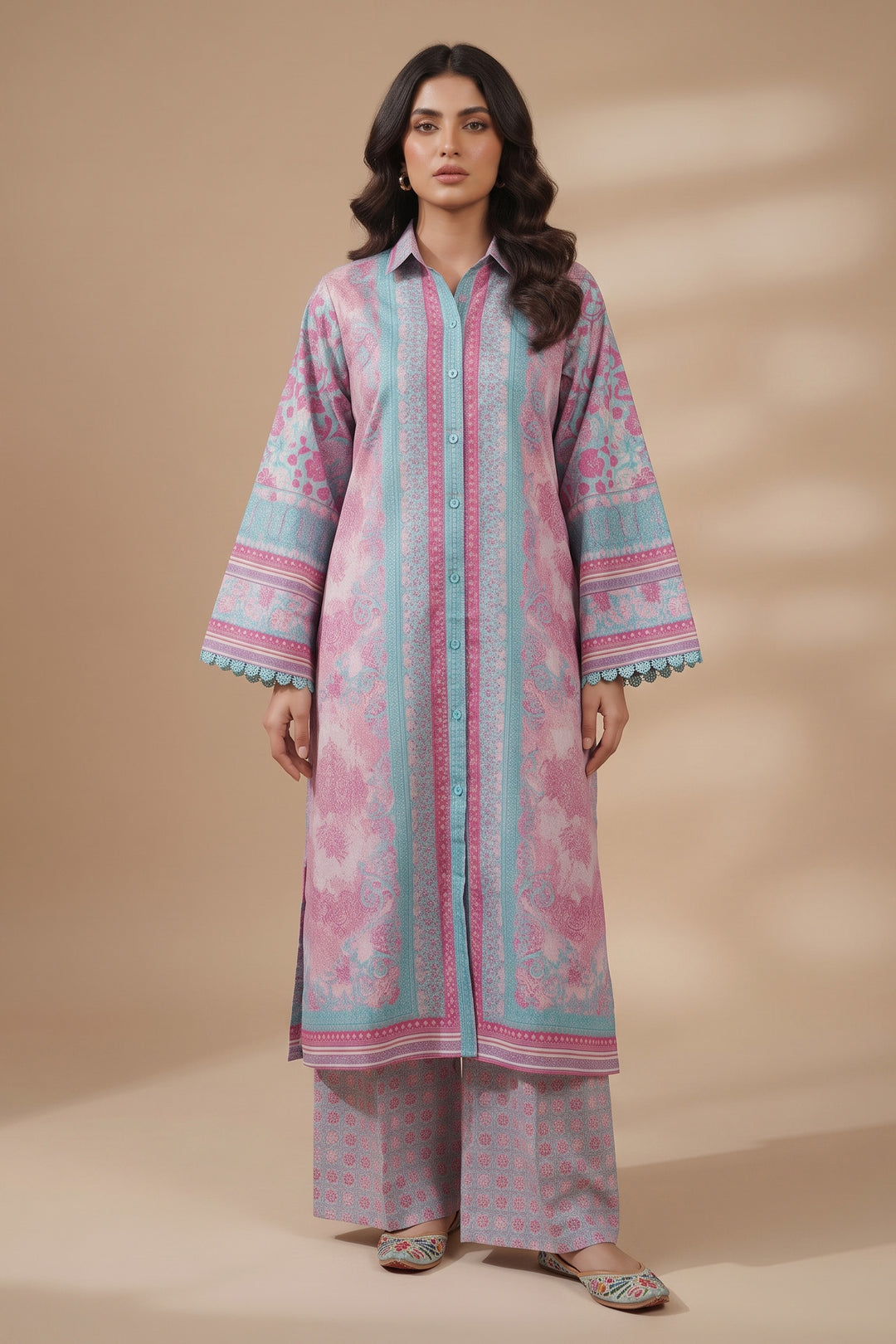 Pink Sherbet 2 Piece Unstitched Printed Cambric Co-Ord Set