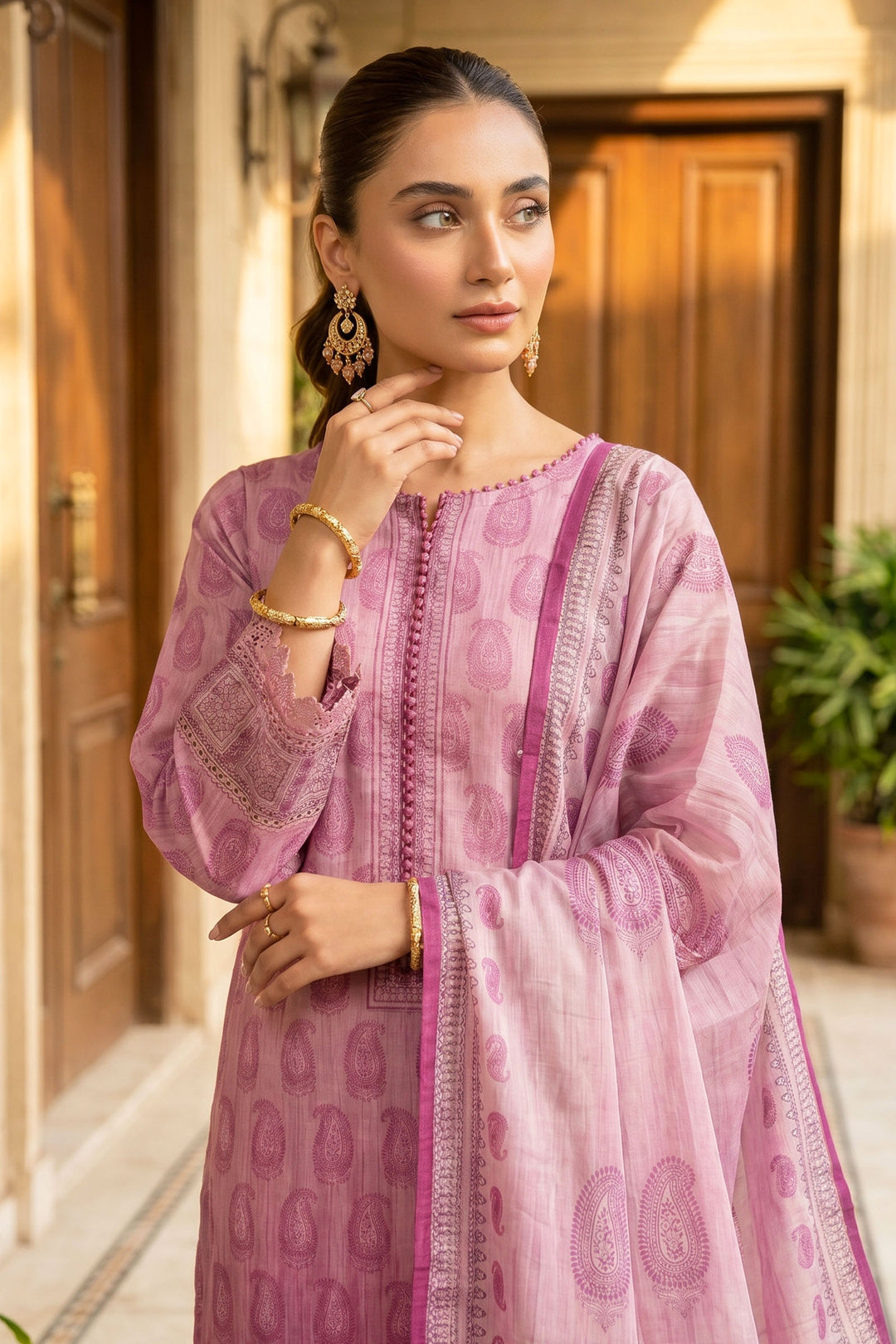 Pink 3 Piece Unstitched Premium Printed Lawn