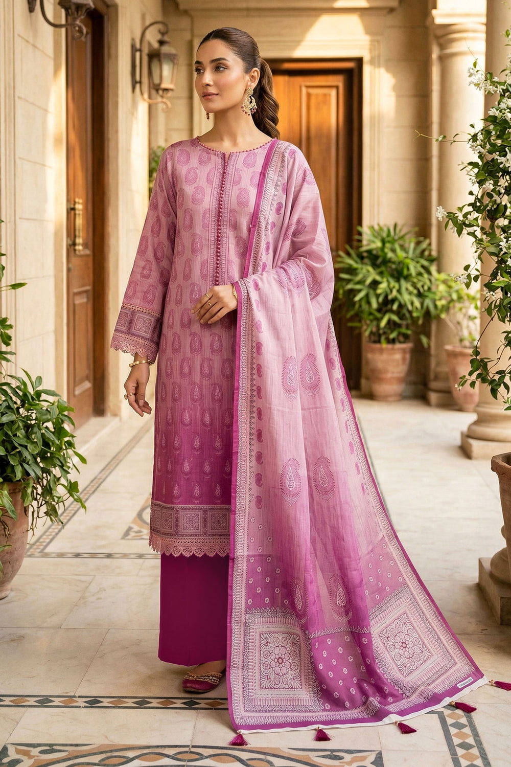 Pink 3 Piece Unstitched Premium Printed Lawn