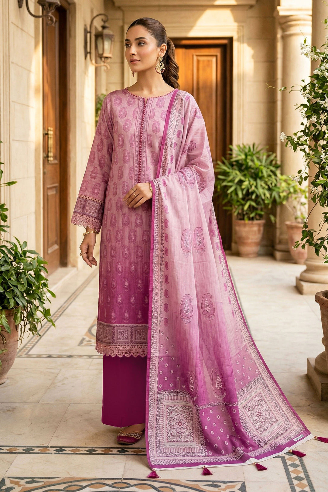 Pink 3 Piece Unstitched Premium Printed Lawn