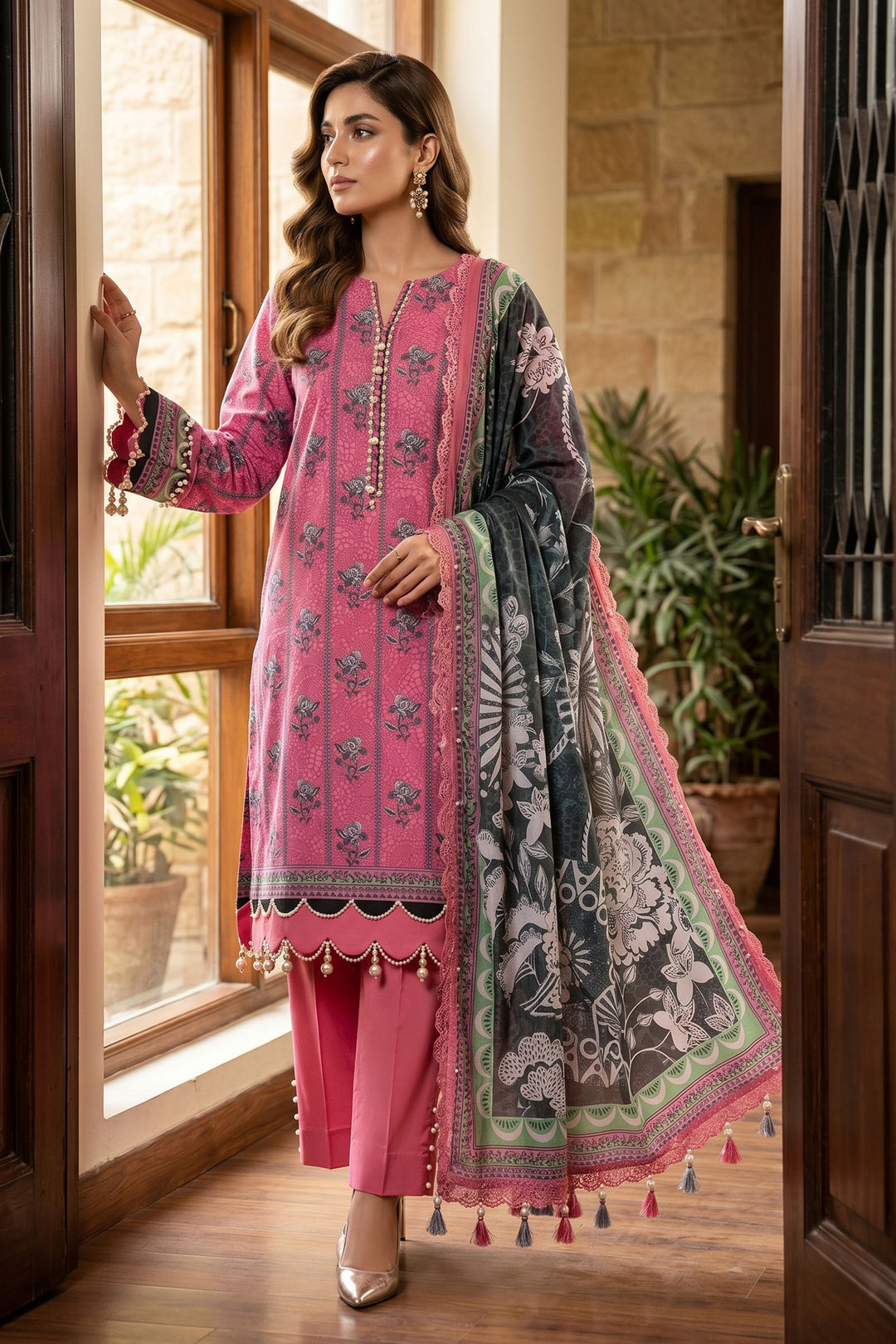 Pink 3 Piece Unstitched Premium Printed Lawn Suit By Jacquard Clothing Summer Collection 2026