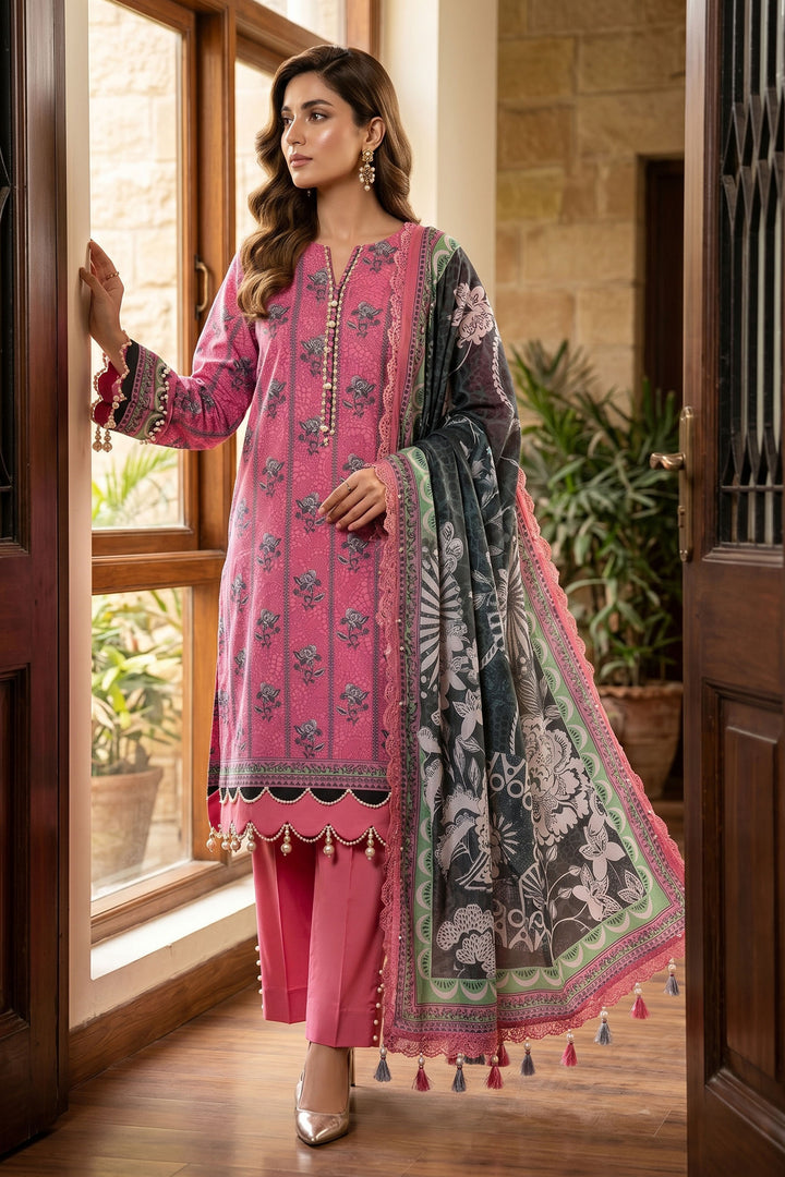 Pink 3 Piece Unstitched Premium Printed Lawn Suit By Jacquard Clothing Summer Collection 2026