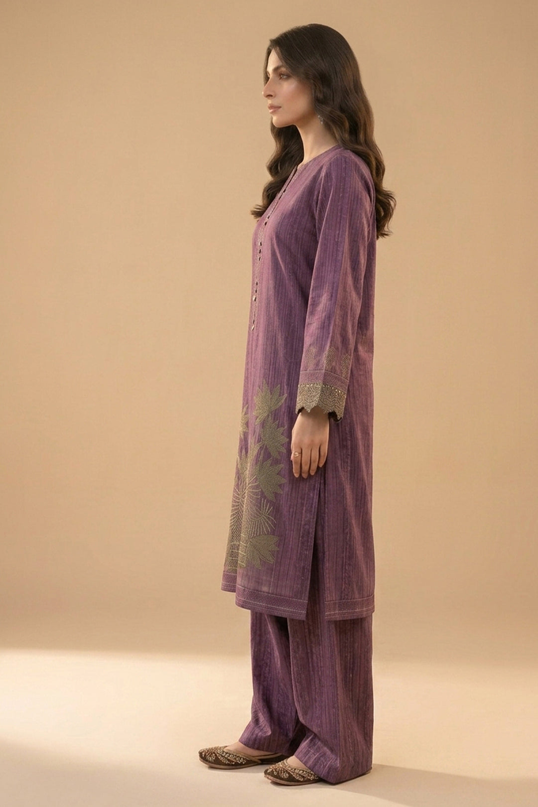 Purple 2 Piece Unstitched Printed Cambric Co-Ord Set