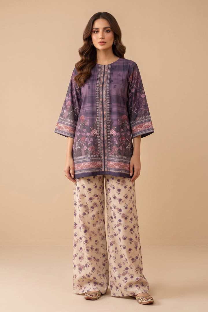 Purple Taupe 2 Piece Unstitched Printed Cambric Co-Ord Set
