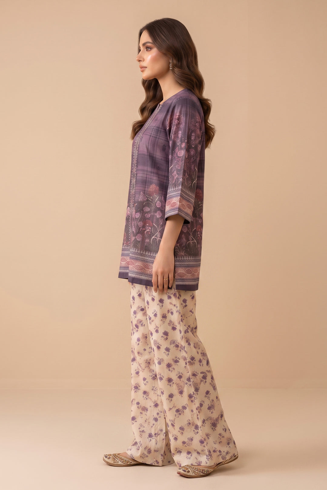Purple Taupe 2 Piece Unstitched Printed Cambric Co-Ord Set