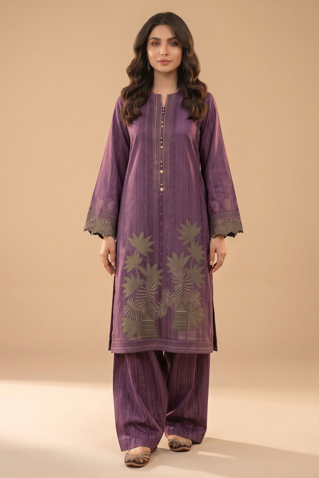 Purple 2 Piece Unstitched Printed Cambric Co-Ord Set