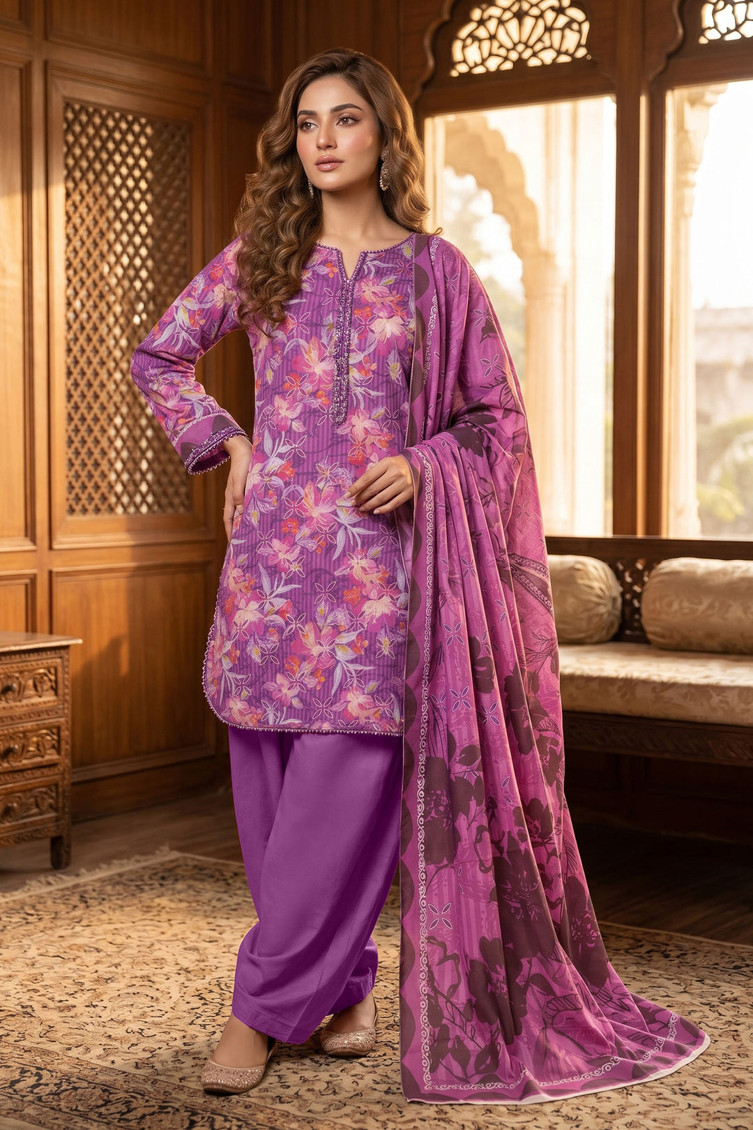 Purple 3 Piece Unstitched Premium Printed Lawn Suit By Jacquard Clothing Summer Collection 2026