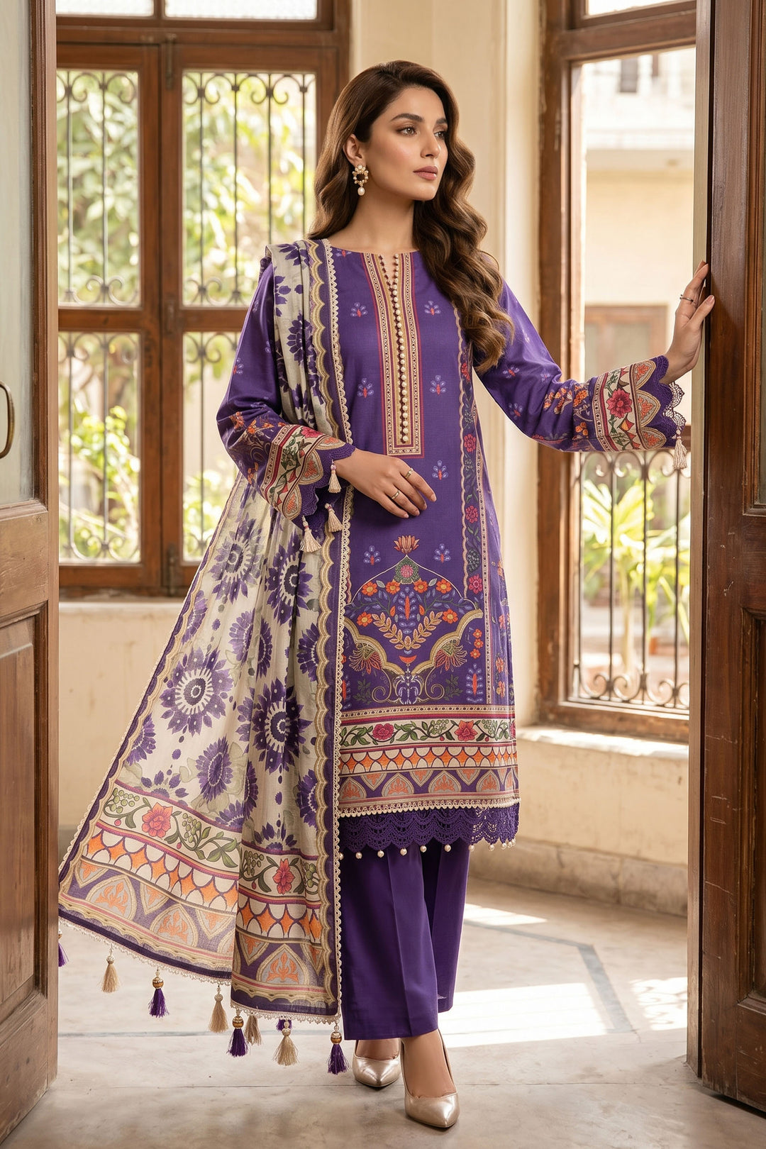 Purple 3 Piece Unstitched Premium Printed Lawn Suit By Jacquard Clothing Summer Collection 2026