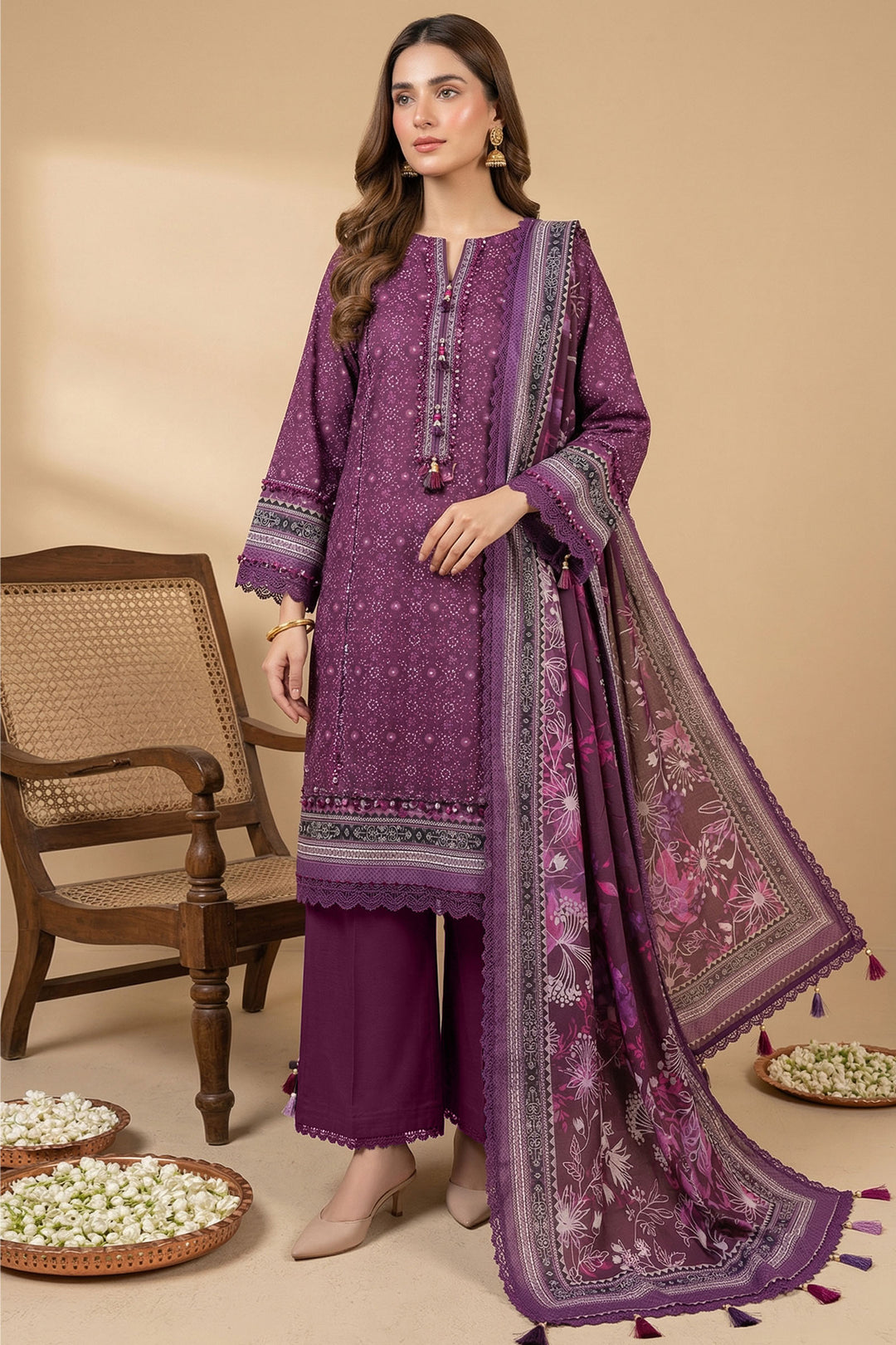 Purple 3 Piece Unstitched Premium Printed Lawn Suit By Jacquard Clothing Summer Collection 2026