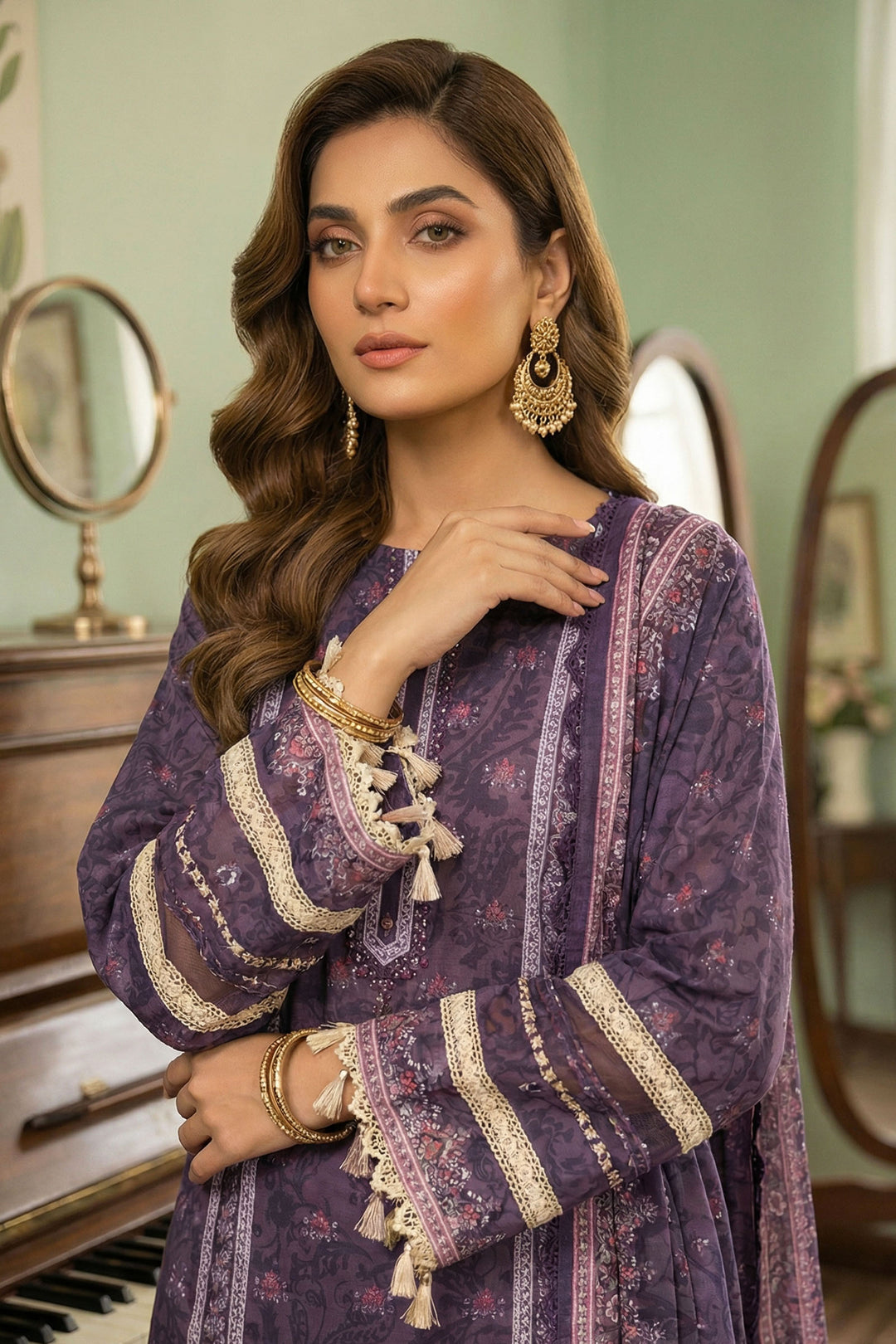 Purple Taupe 3 Piece Unstitched Premium Printed Lawn