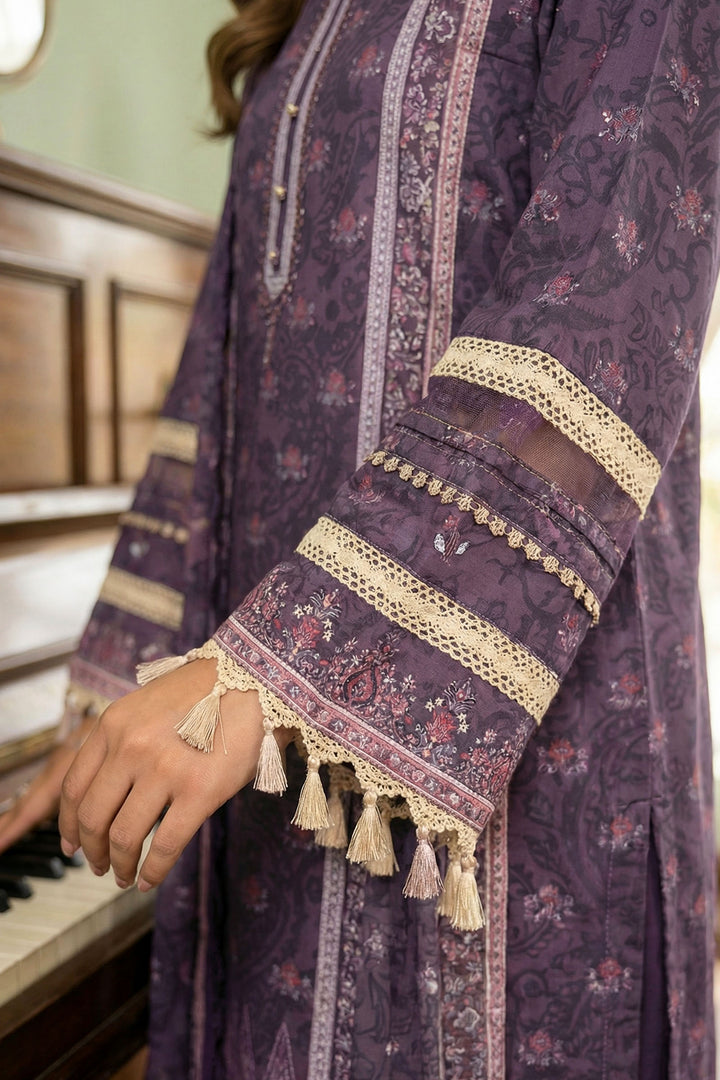 Purple Taupe 3 Piece Unstitched Premium Printed Lawn