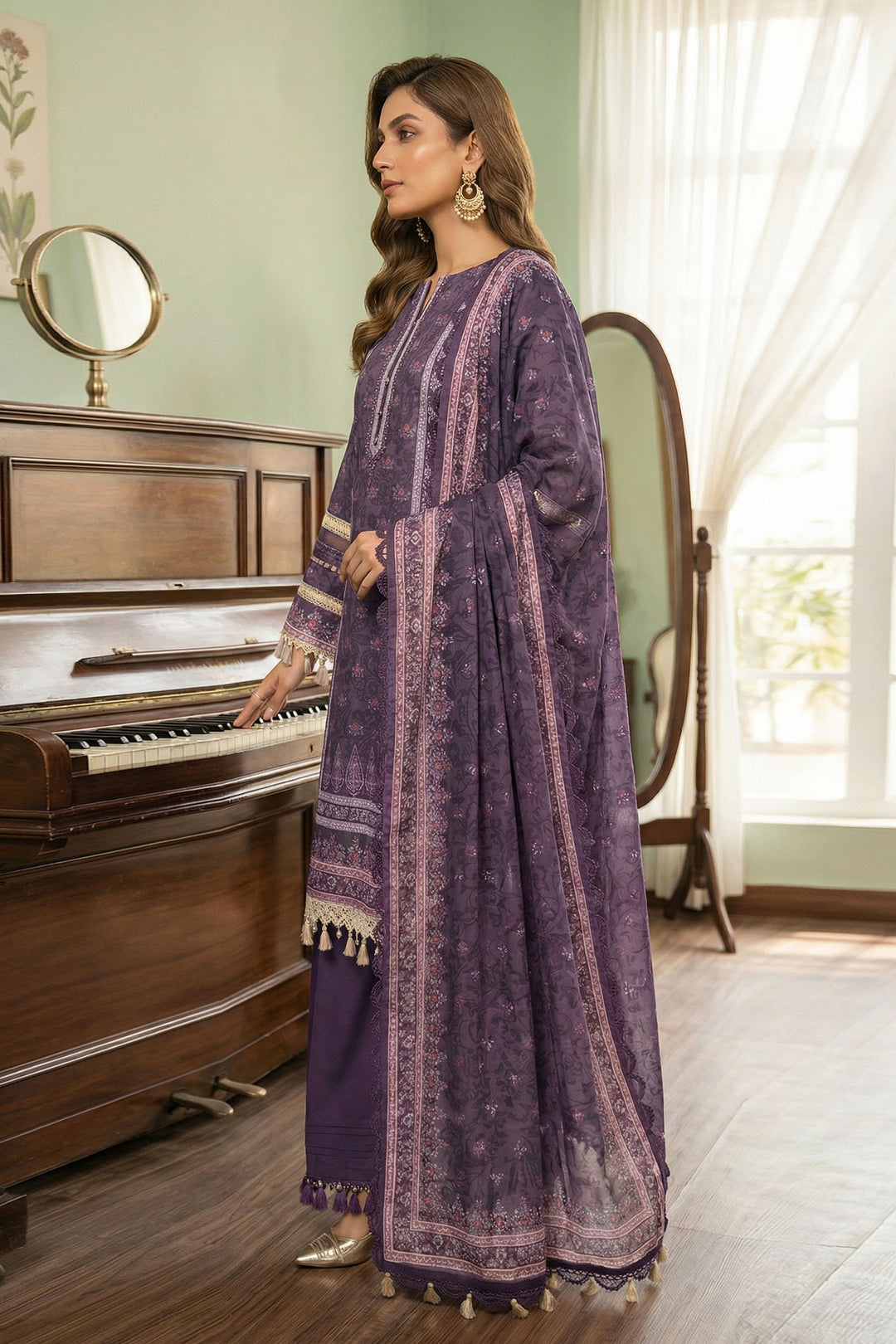 Purple Taupe 3 Piece Unstitched Premium Printed Lawn