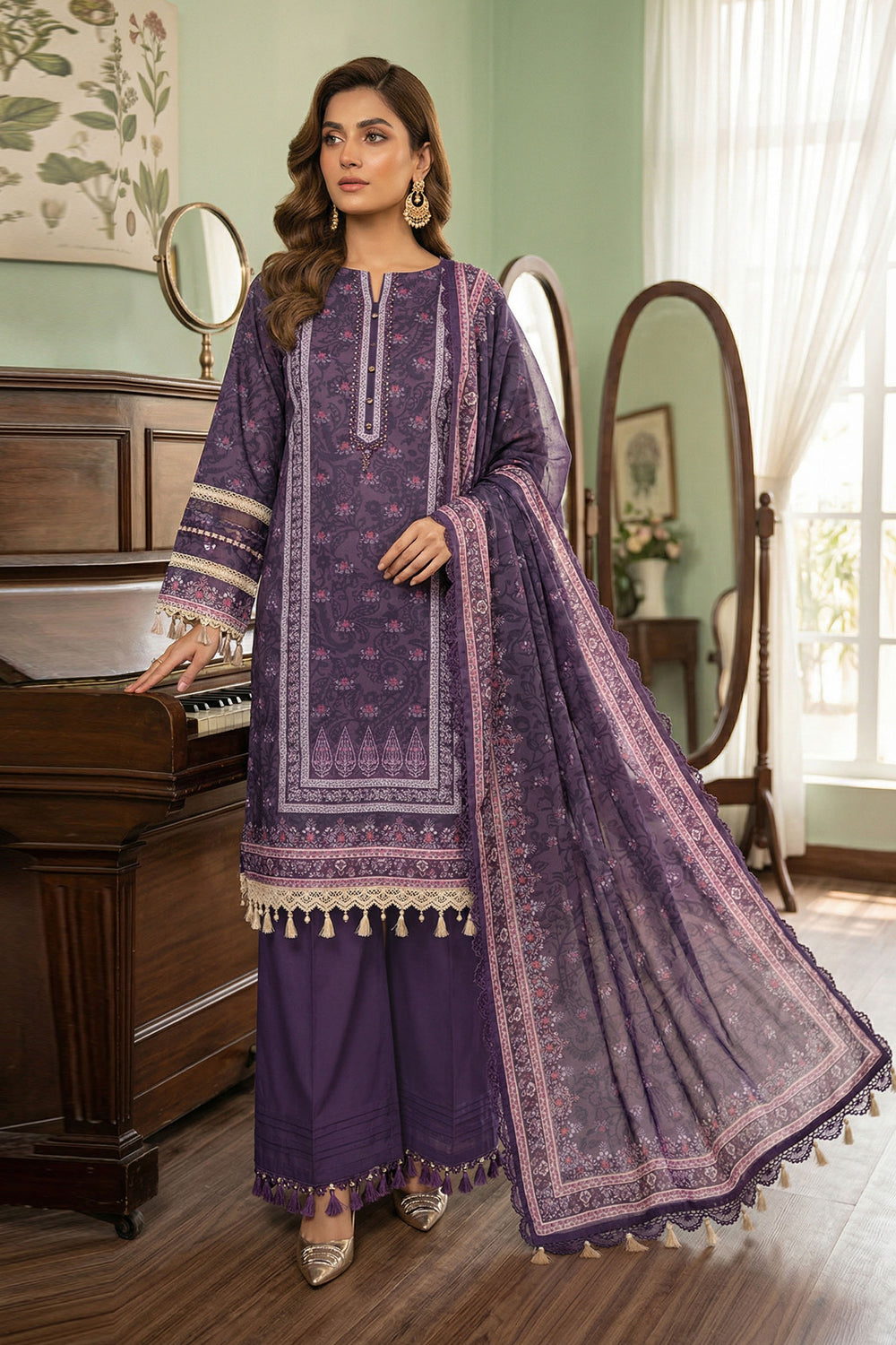 Purple Taupe 3 Piece Unstitched Premium Printed Lawn