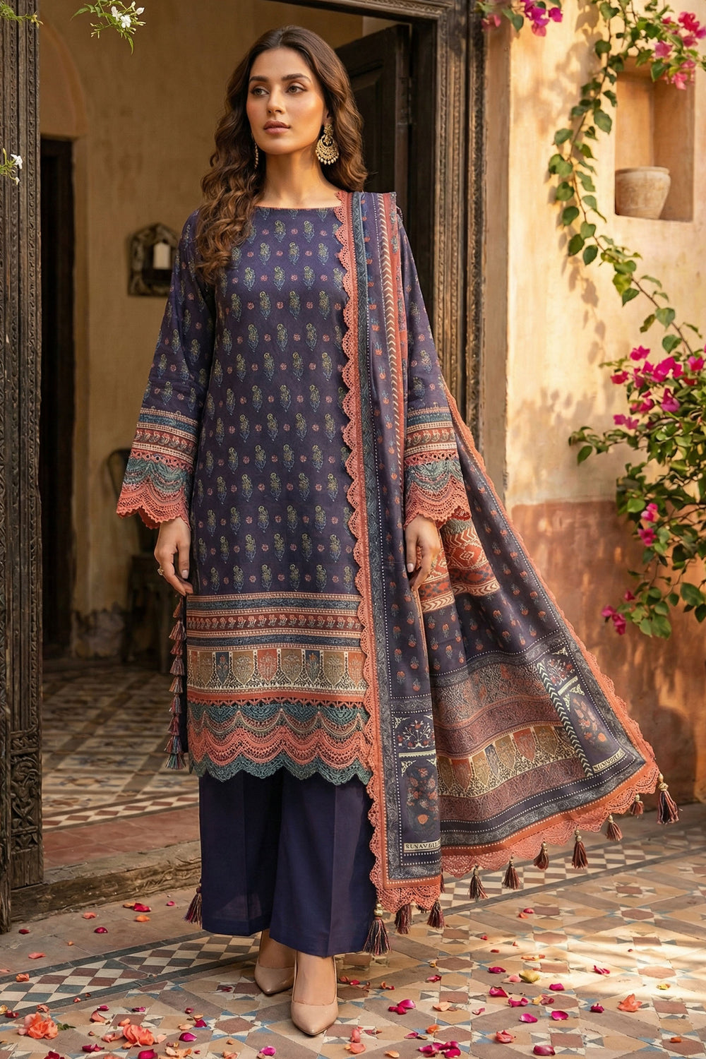 Purple Taupe 3 Piece Unstitched Premium Printed Lawn