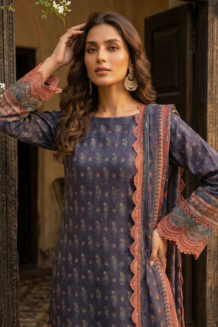 Purple Taupe 3 Piece Unstitched Premium Printed Lawn